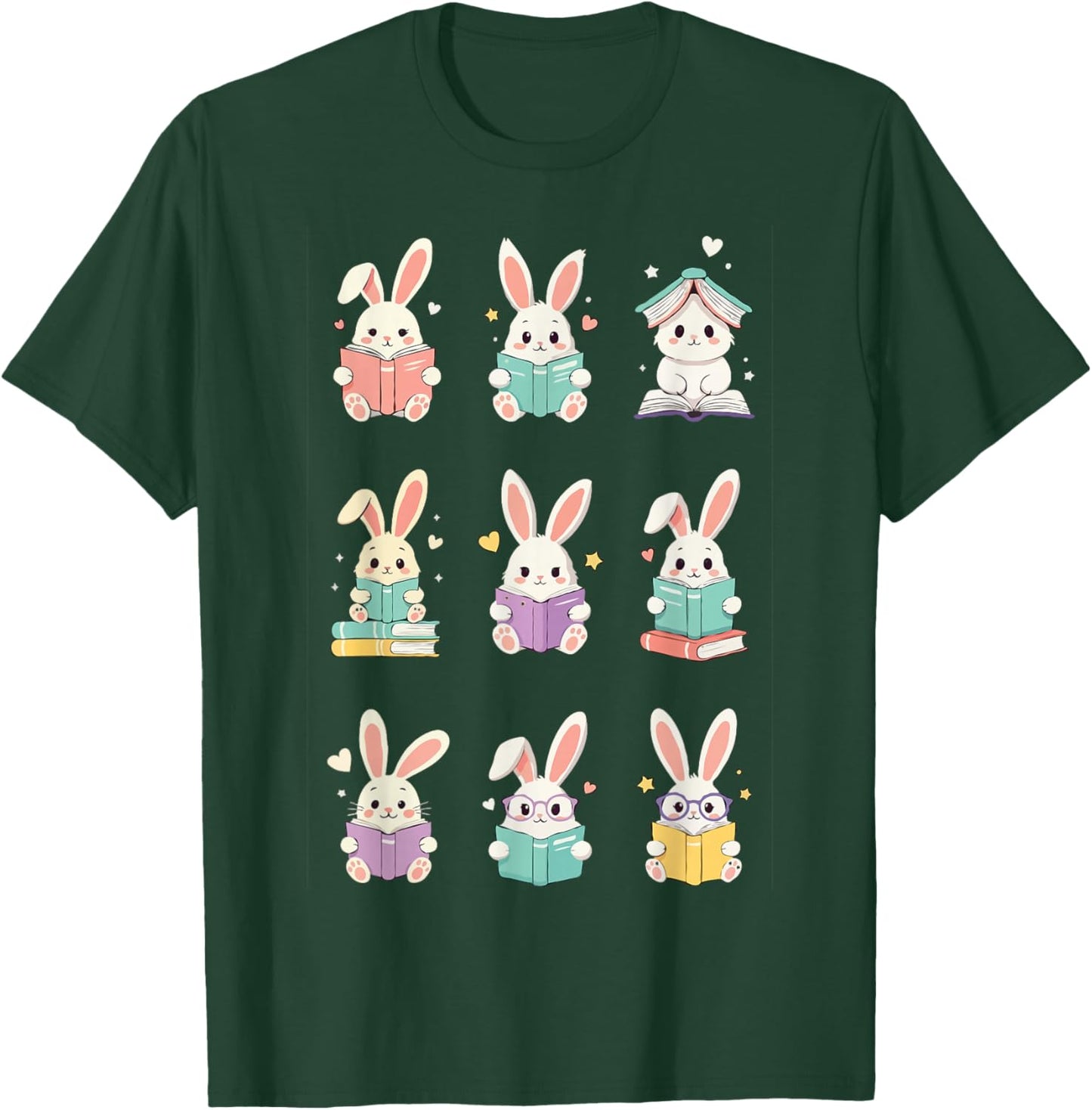 Bunny Reading Books Easter Day Cute Rabbit Librarian Teacher T-Shirt - T-Shirt | Forest