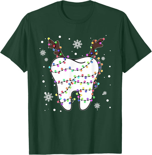 Funny Reindeer Teeth Dental Hygiene Christmas Tree Lights T-Shirt - T-Shirt | Forest