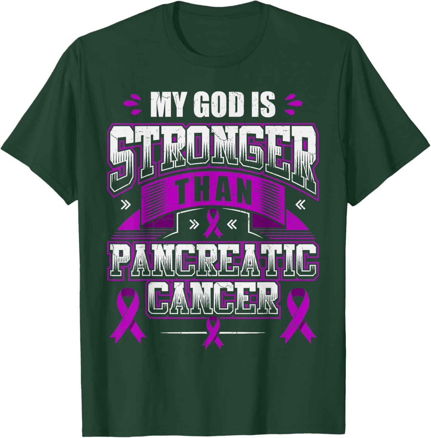 God is Stronger Pancreatic Cancer Month Awareness Ribbon T-Shirt - T-Shirt | Forest