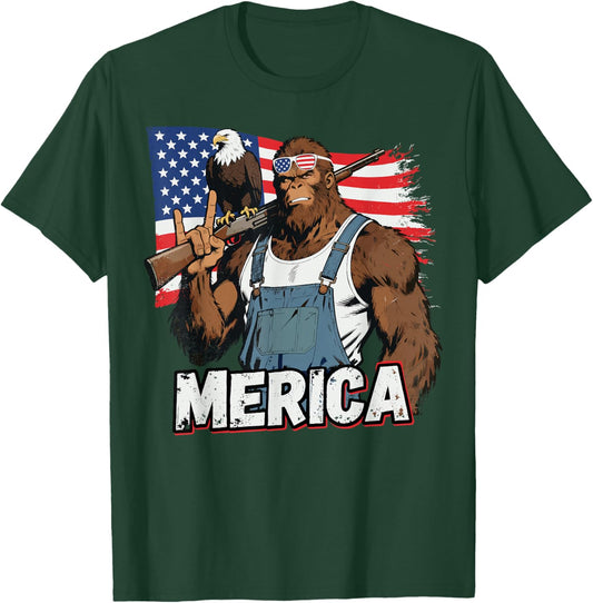 Bigfoot Merica Rock American Flag Patriotic 4th of July T-Shirt - T-Shirt | Forest