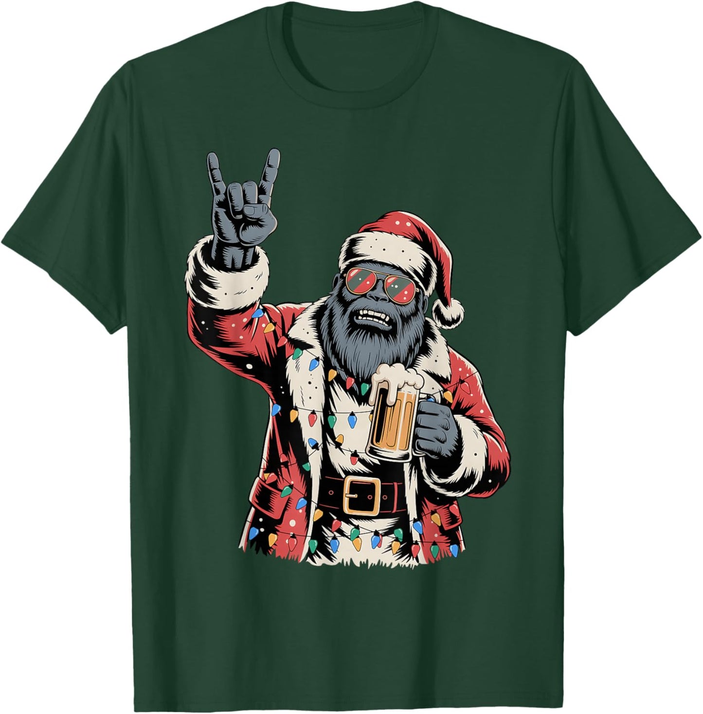 Rock Santa Bigfoot Sasquatch Beer Funny Christmas Men Women T-Shirt - T-Shirt | Forest