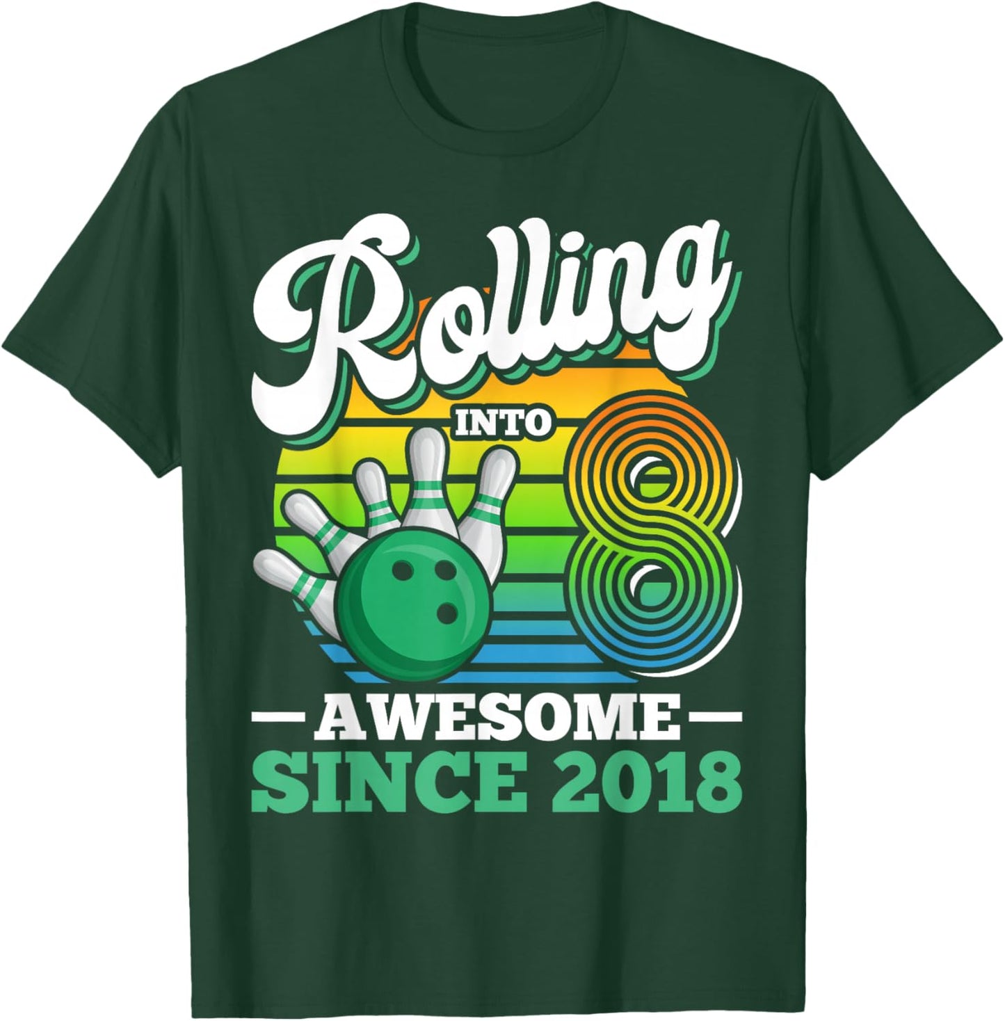 Rolling Into 8 Boy Retro Bowling Birthday Party 8th Birthday T-Shirt - T-Shirt | Forest