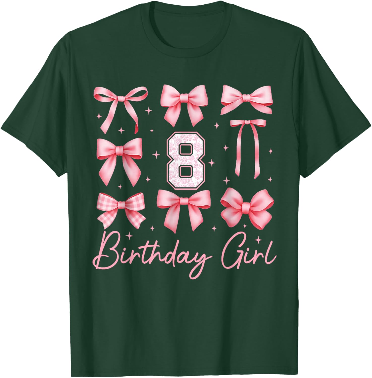 8th Birthday Girl Coquette Bow Pink Floral Toile 8 Year Old T-Shirt - T-Shirt | Forest
