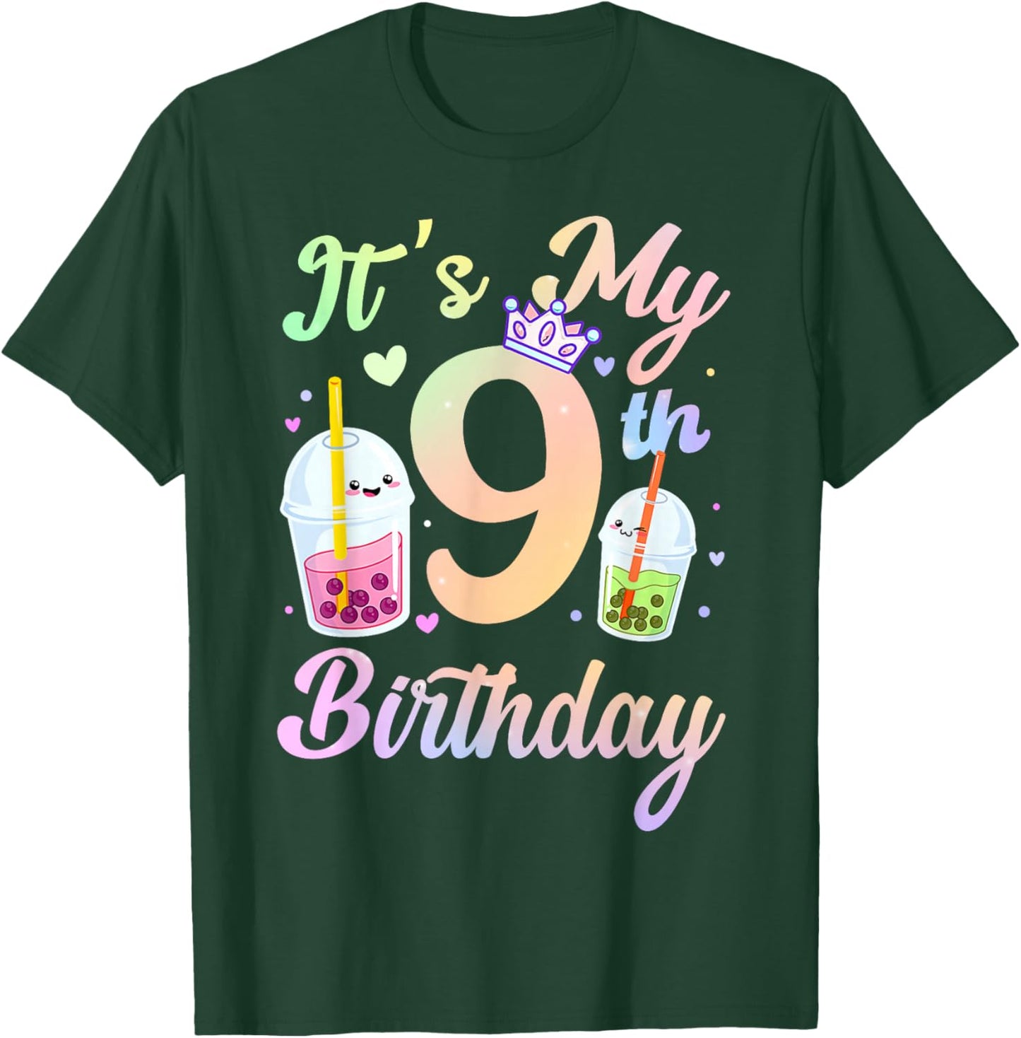 It's My 9th Birthday Bubble Boba Tea Party 9 Year Old Girls T-Shirt - T-Shirt | Forest