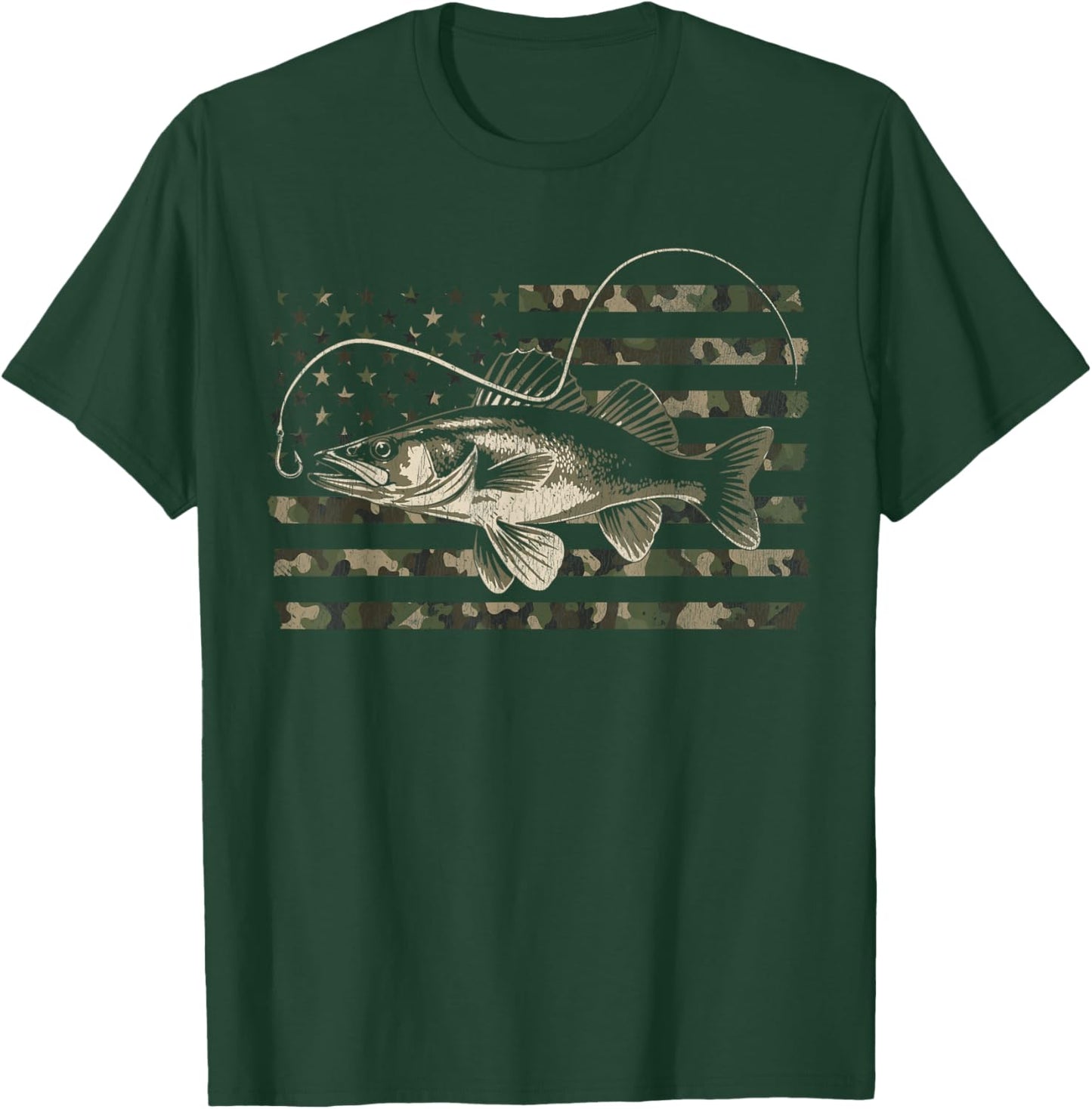 Walleye Fishing Camo American Flag T-Shirt - T-Shirt | Forest