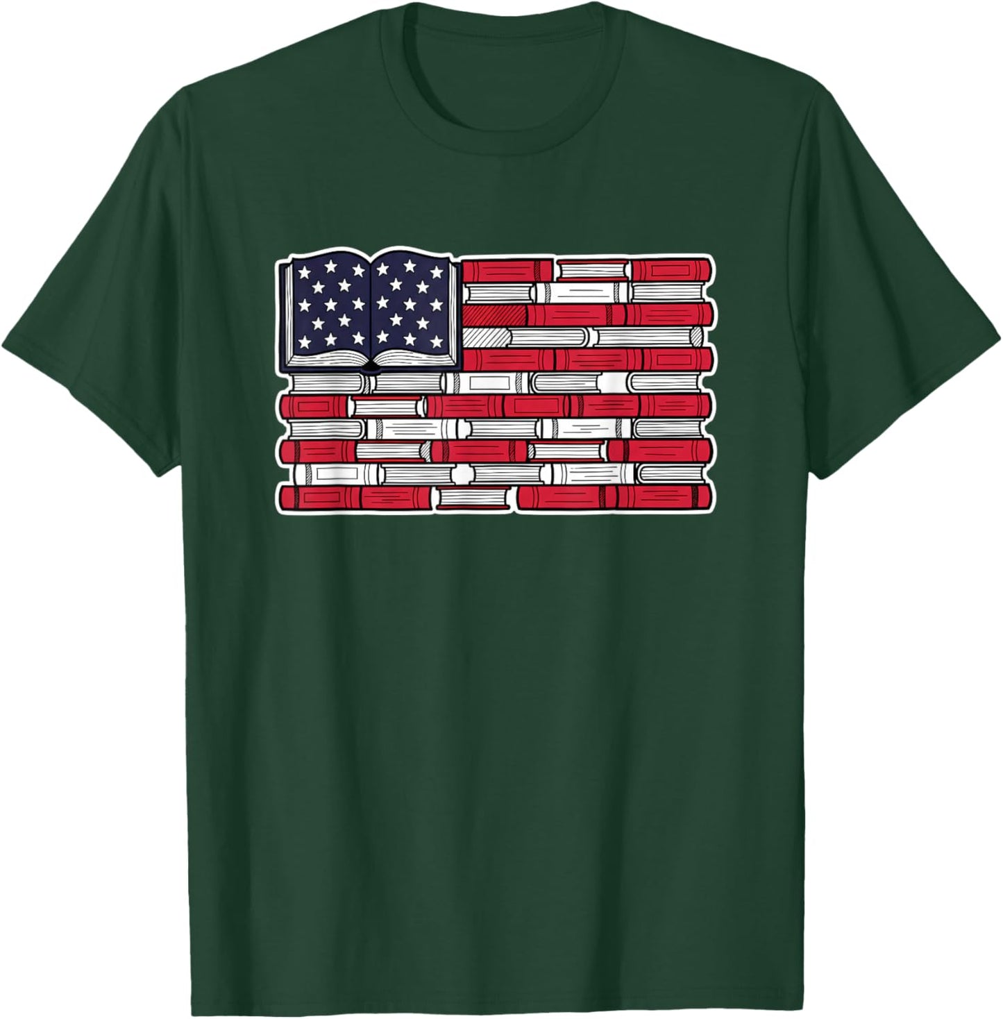 Patriotic Book Flag Reading American Flag Books Teacher T-Shirt - T-Shirt | Forest