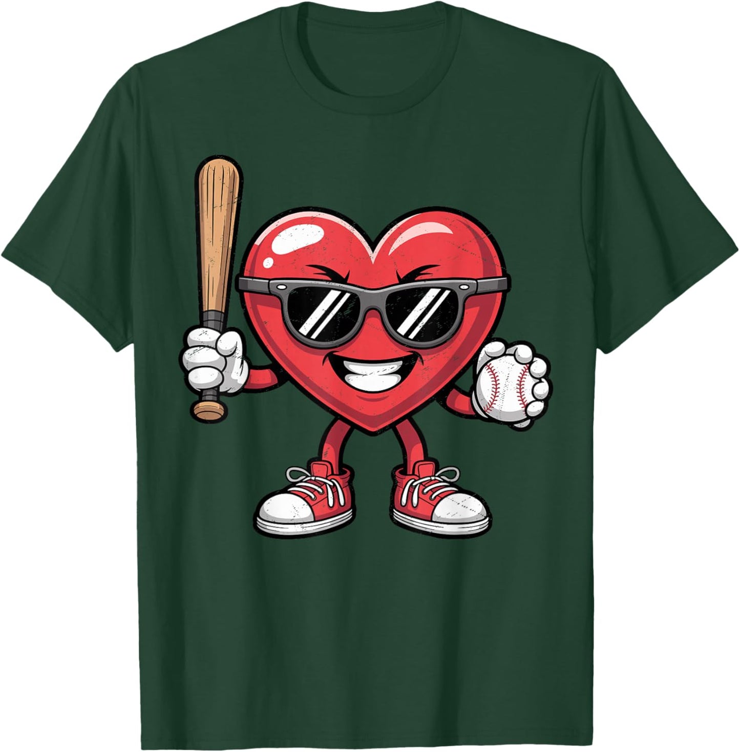 Valentines Day Heart Playing Baseball Boys Men Kids Girls T-Shirt - T-Shirt | Forest