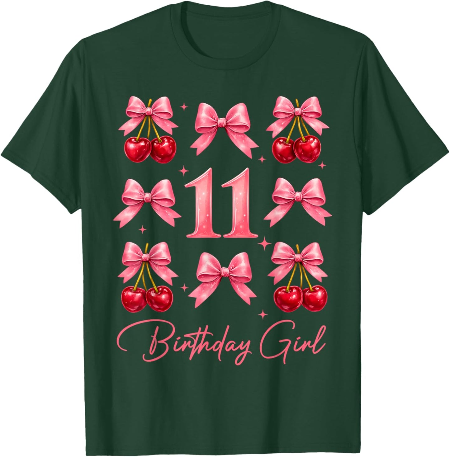 11th Birthday Girl Cute Coquette Bow Cherry 11 Year Old Kids T-Shirt - T-Shirt | Forest