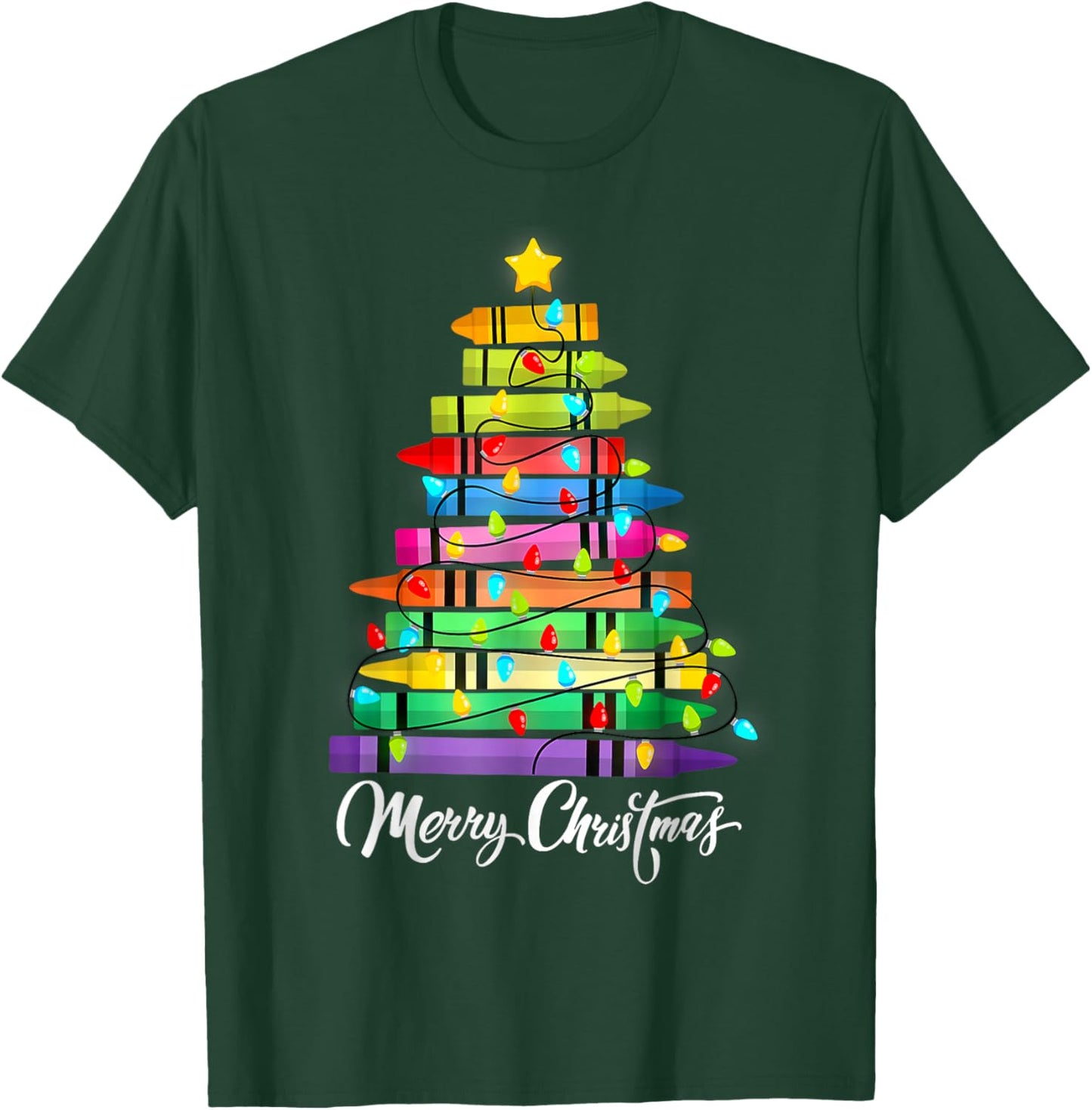 Teacher Crayon Merry Christmas Tree Lights School Xmas T-Shirt - T-Shirt | Forest