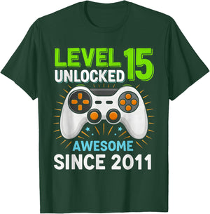 Level 15 Unlocked Awesome Since 2011 Gaming Birthday 15th T-Shirt - T-Shirt | Forest
