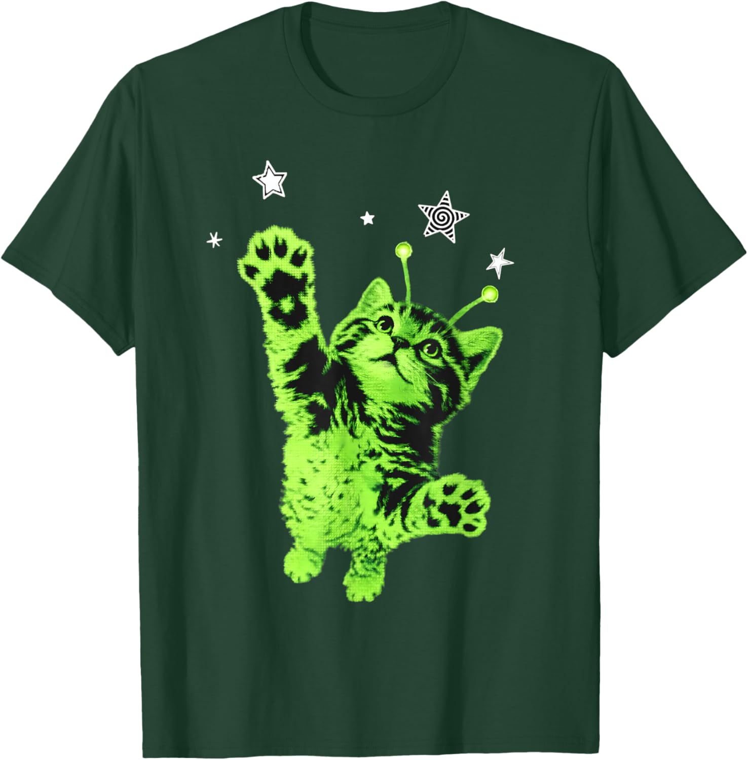Y2K Alien Cat Jumping Stars T-Shirt - T-Shirt | Forest