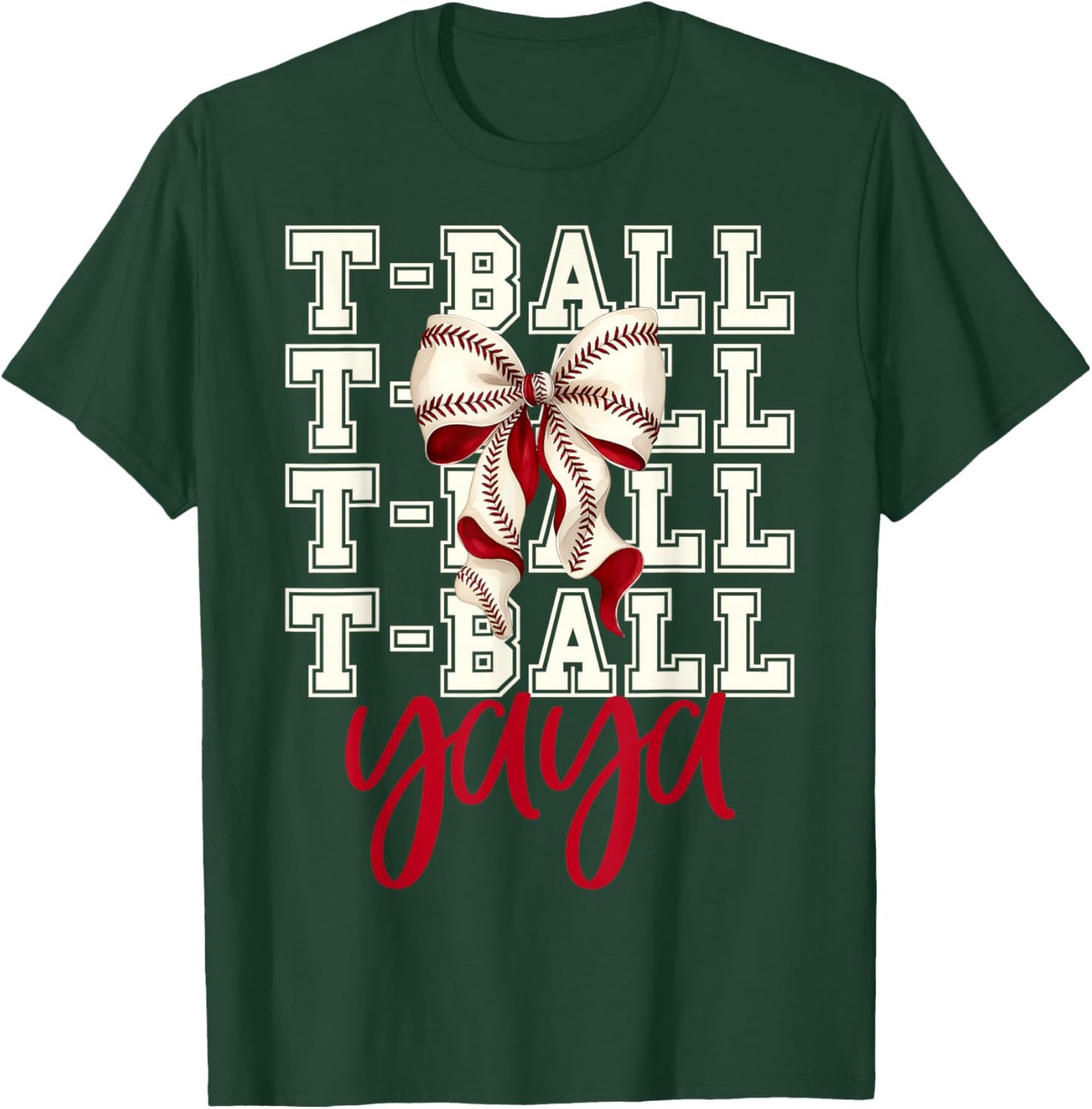 Tball Yaya Teeball T-Ball Coquette Baseball Bow T-Shirt - T-Shirt | Forest