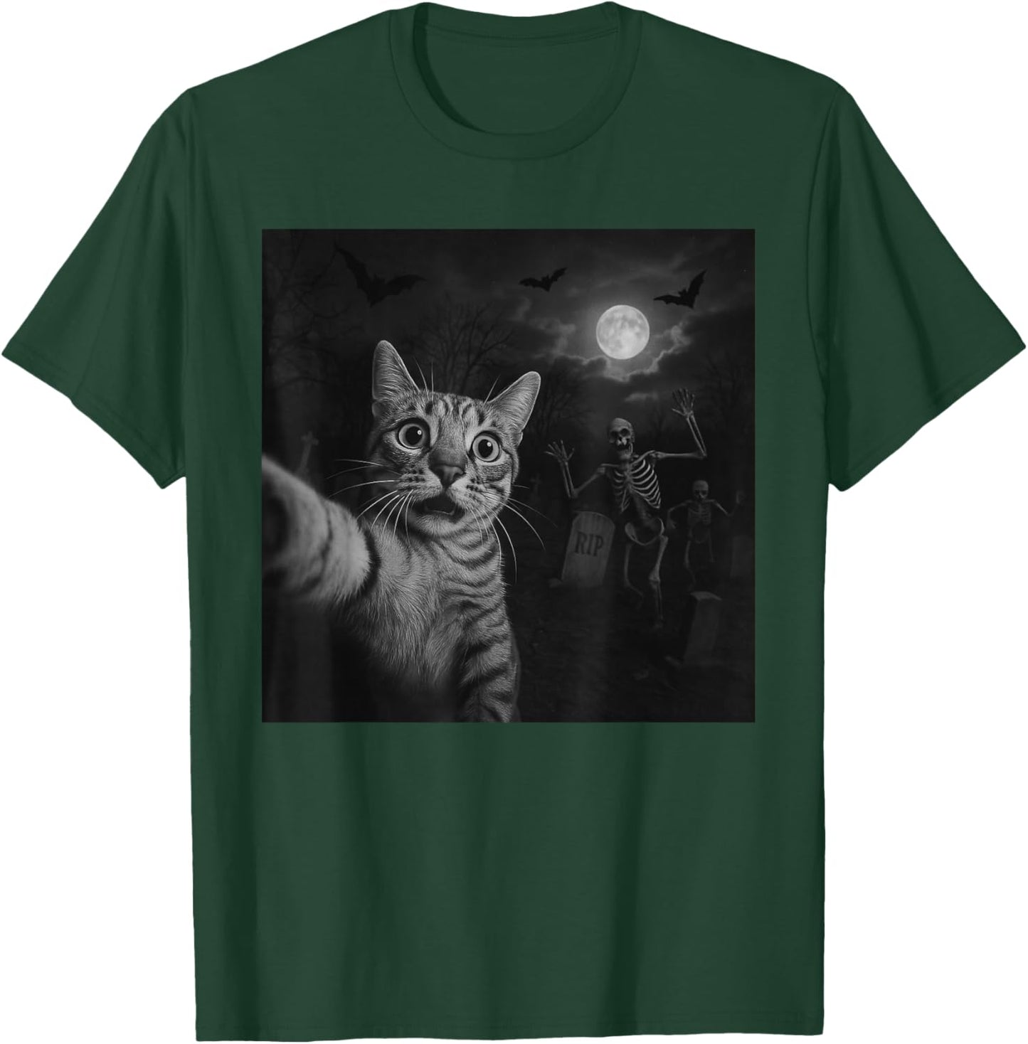 Funny Halloween Surprised Scared Cat Selfie Spooky Skeleton T-Shirt - T-Shirt | Forest