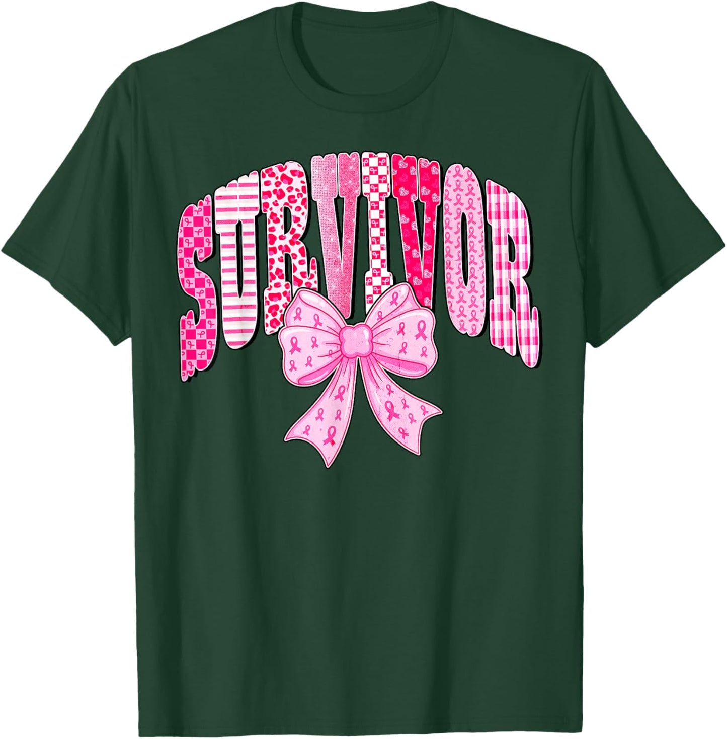 Survivor Pink Ribbon Coquette Bow Breast Cancer Awareness T-Shirt - T-Shirt | Forest