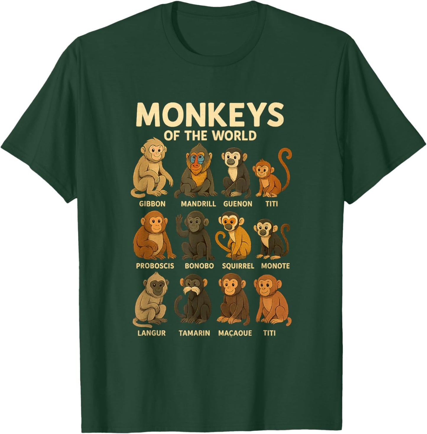 Monkeys of The World Cute Primate Species Cartoon Shirt T-Shirt - T-Shirt | Forest