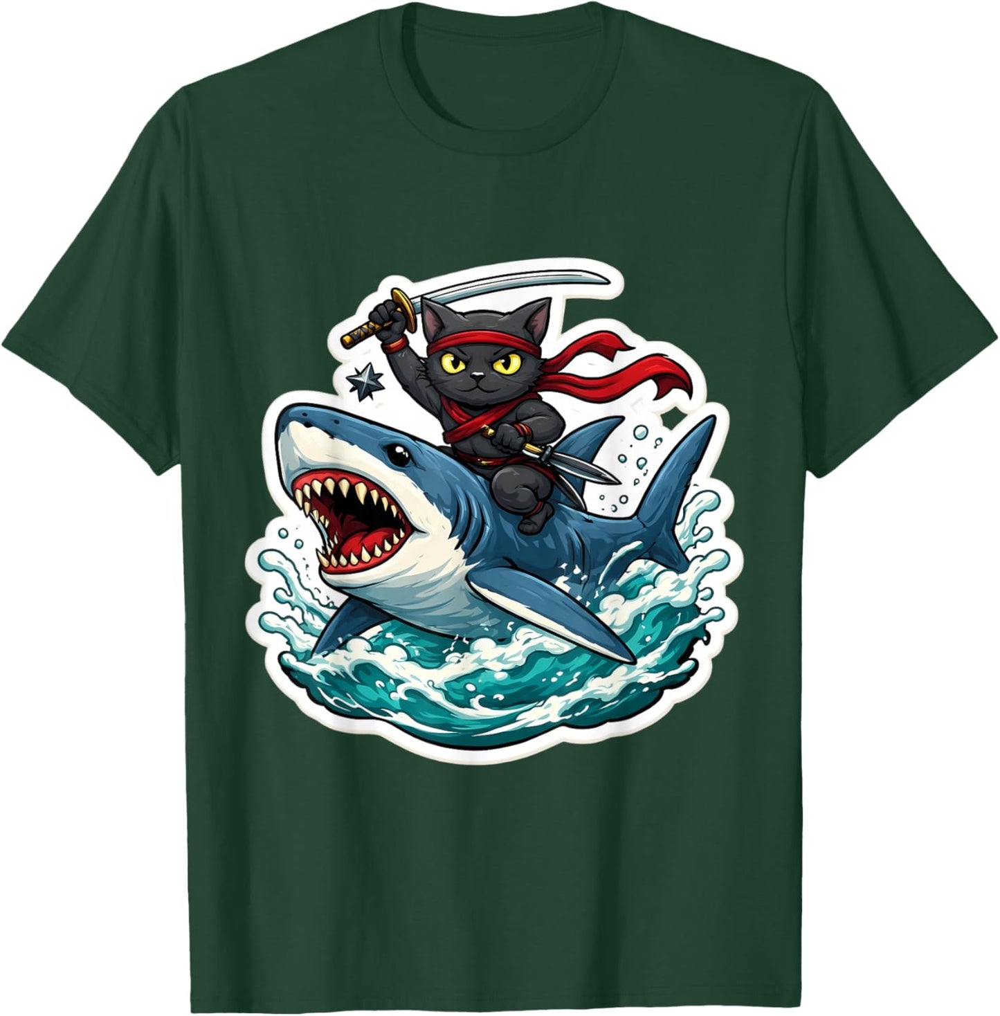 Ninja Cat Riding Shart Funny Cartoon Owner Feline Lover Art T-Shirt - T-Shirt | Forest