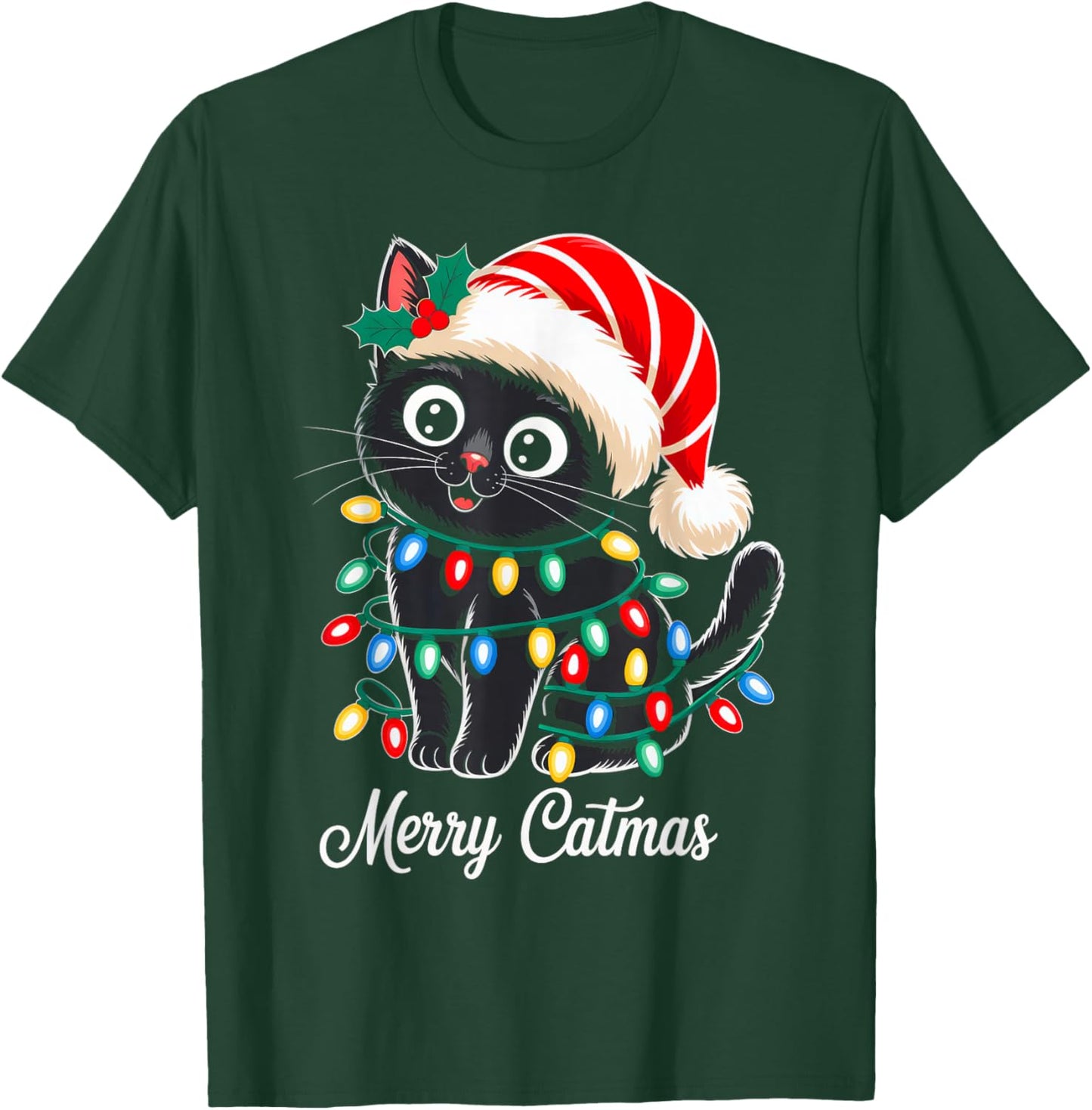 Cute Black Cat Christmas Lights Santa Hat Xmas Merry Catmas T-Shirt - T-Shirt | Forest