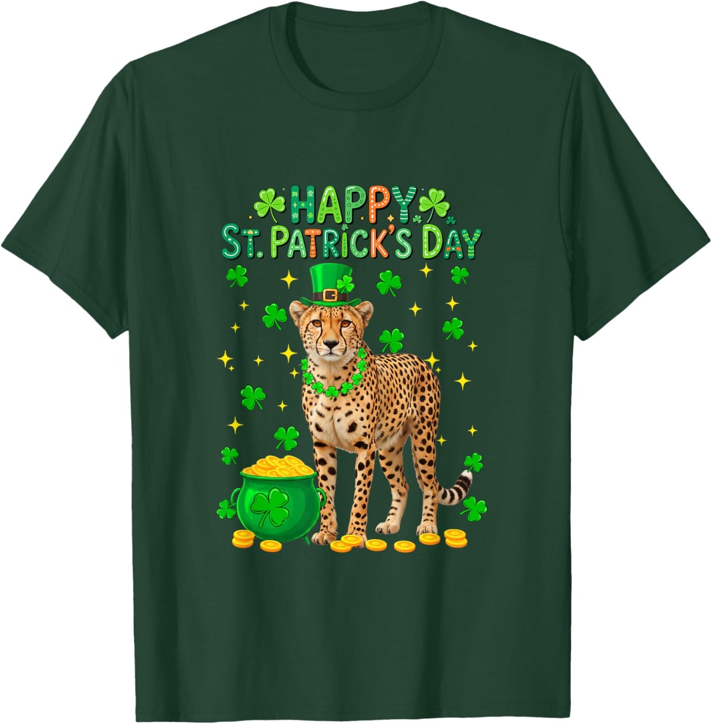 Happy St. Patrick's Day Cheetah Shamrocks Coins Lover Kids T-Shirt - T-Shirt | Forest