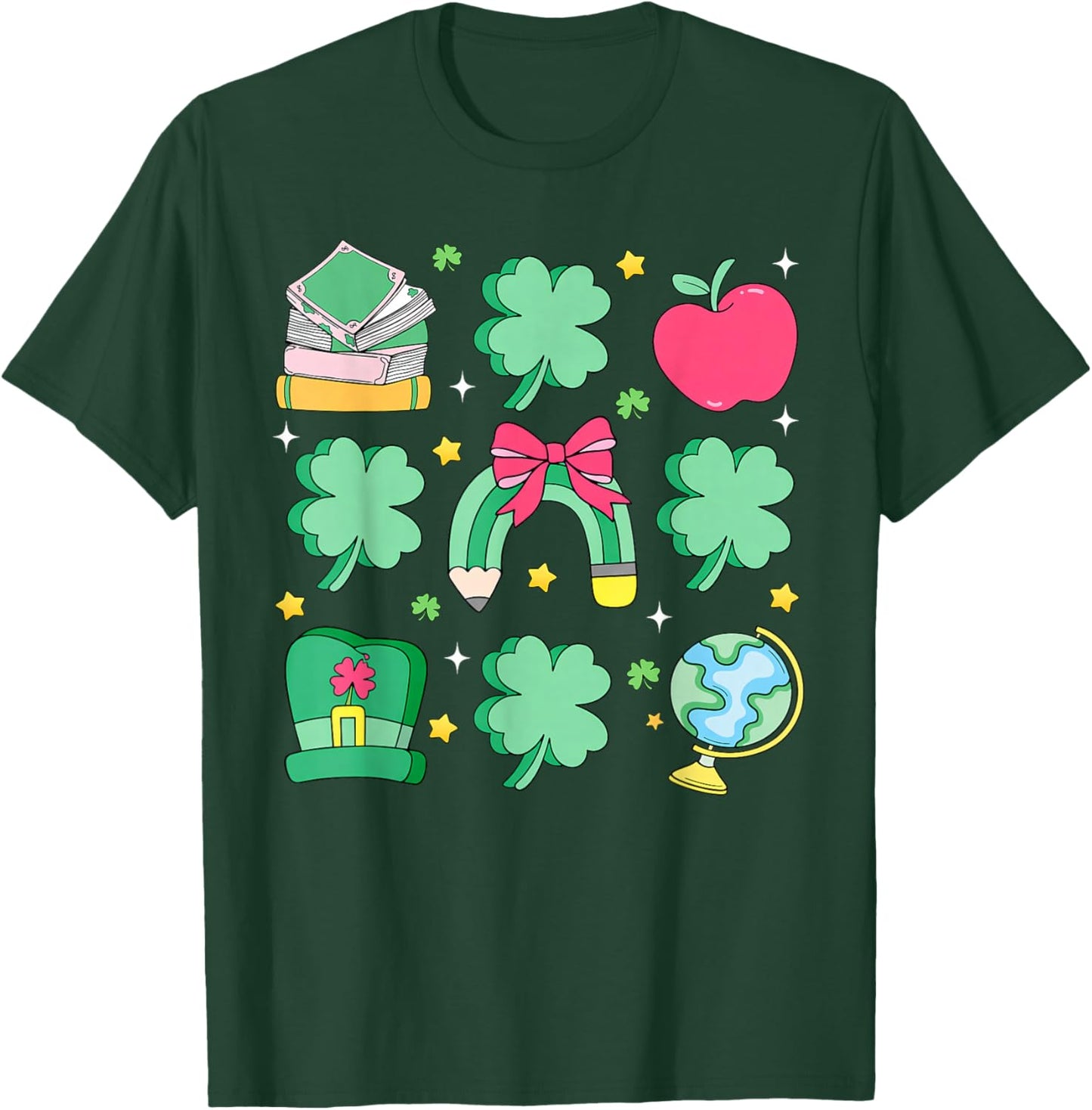 St Patrick's Day Lucky Teacher Shamrock Coquette Bow Pencil T-Shirt - T-Shirt | Forest