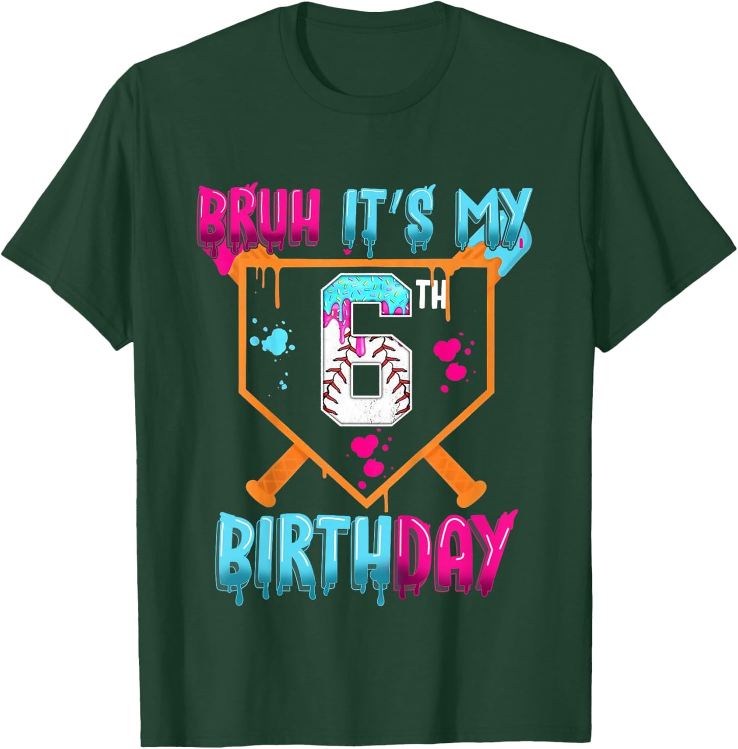 Kids Baseball Drip Bruh It's My 6th Birthday Boy Ice Cream Drip T-Shirt - T-Shirt | Forest