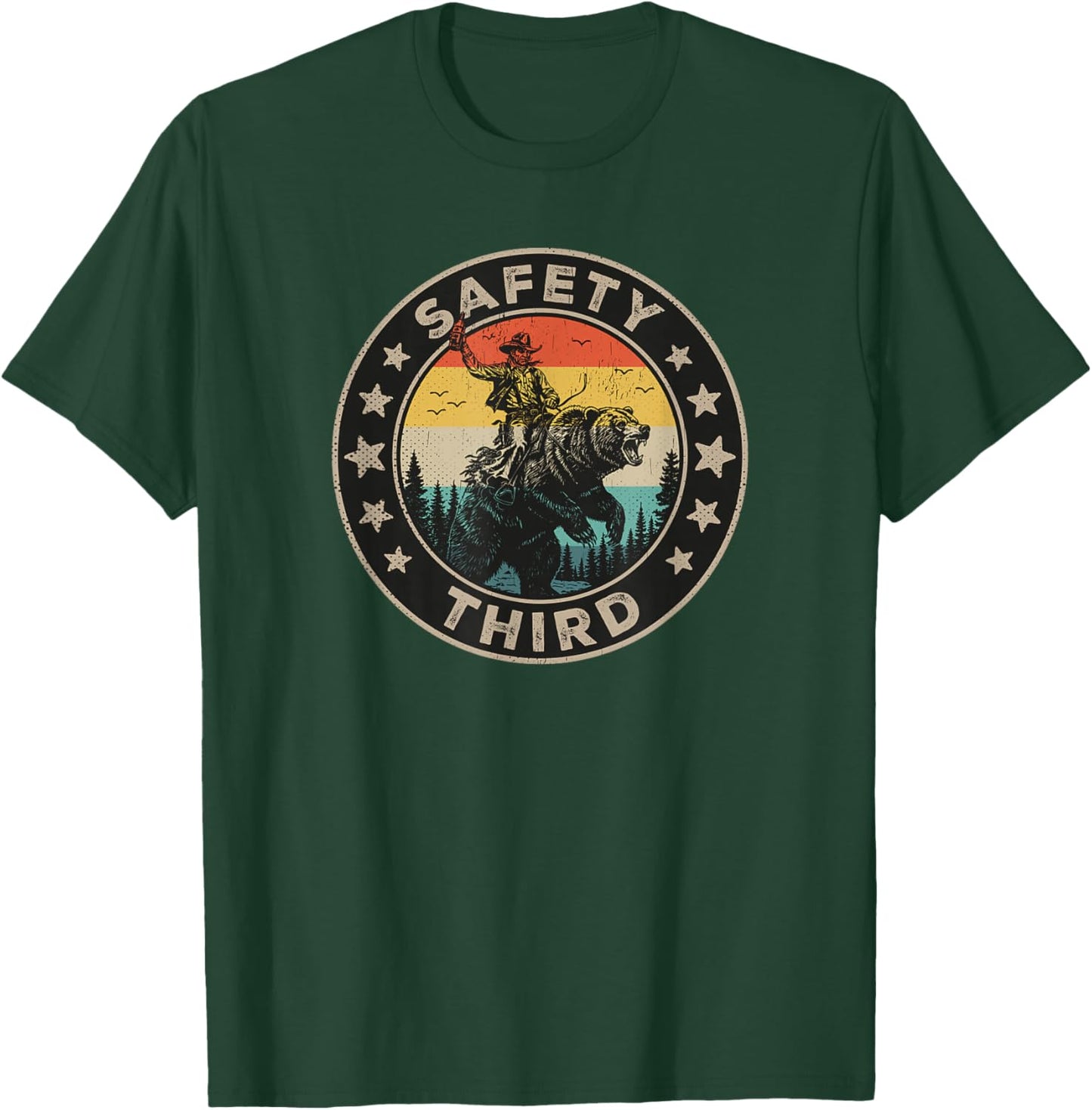 Safety Third Funny Cowboy Riding Bear Retro Sarcastic Safety T-Shirt - T-Shirt | Forest