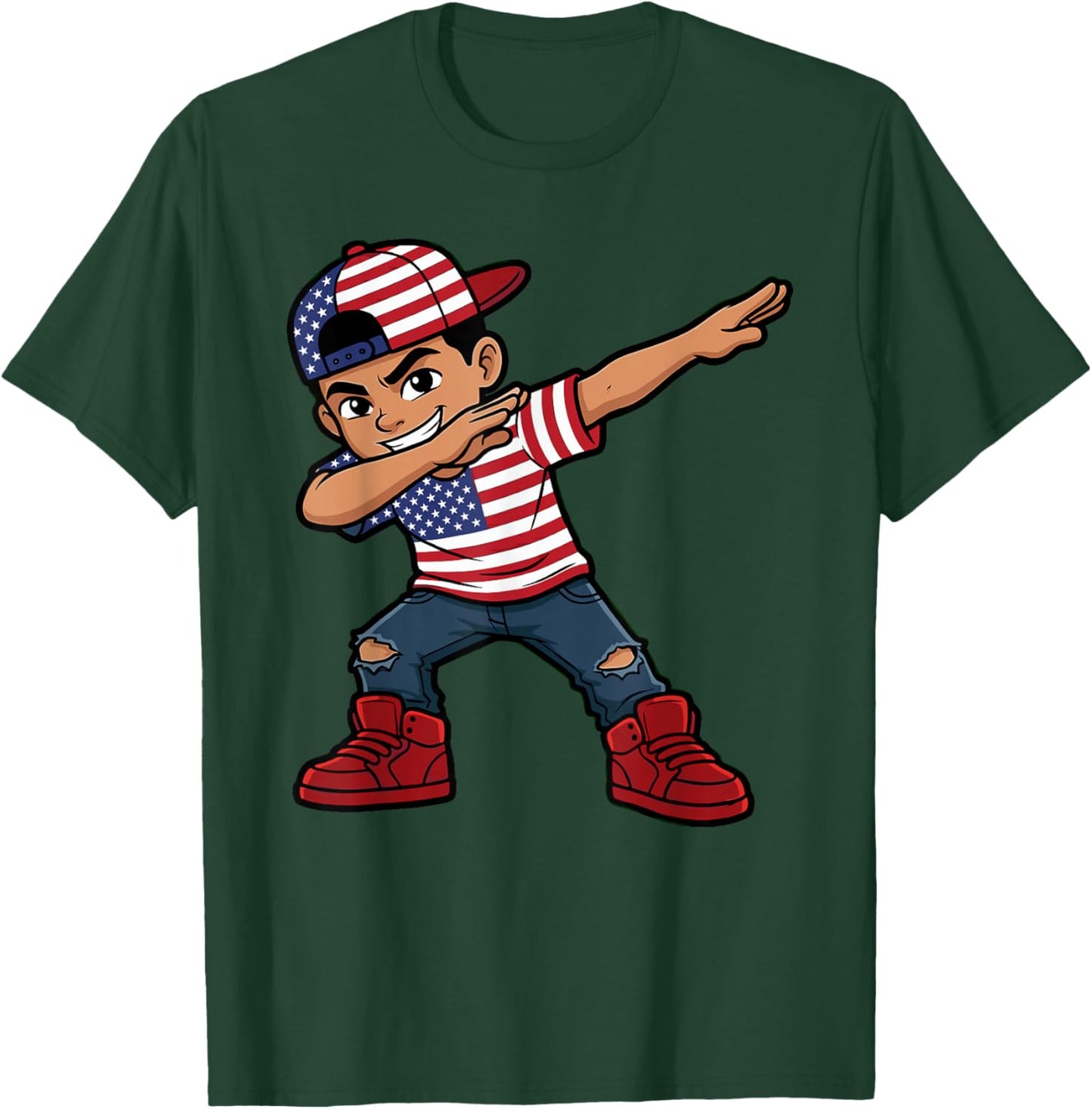 USA Pride Patriotic Dabbing Boy Wearing United States Flag T-Shirt - T-Shirt | Forest