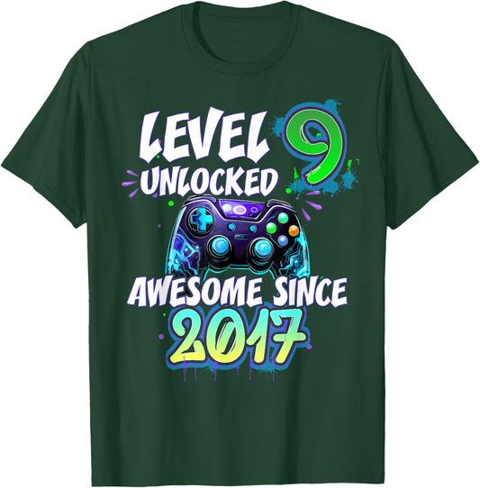 Level 9 Unlocked Awesome Since 2017 9th Birthday Gaming T-Shirt - T-Shirt | Forest