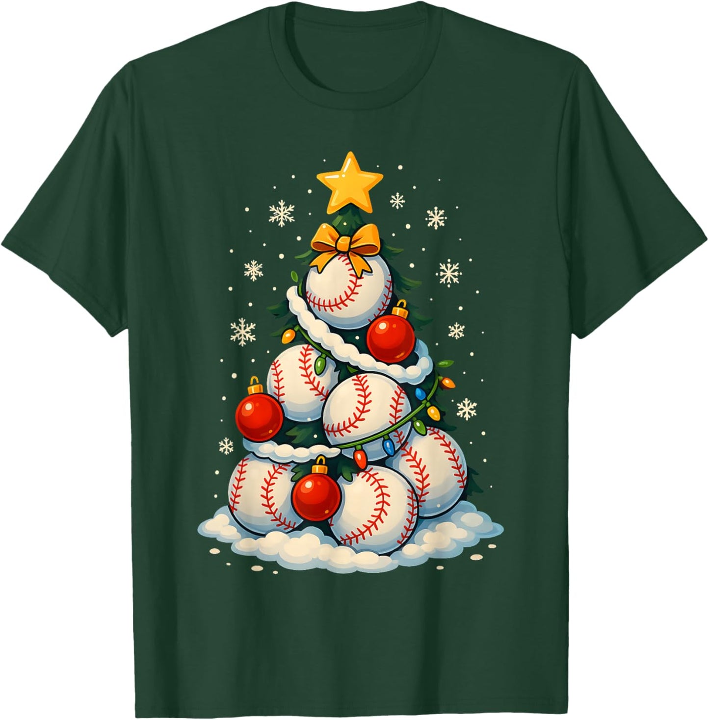 Baseball Christmas Tree Lights Santa Sport Player Lover Xmas T-Shirt - T-Shirt | Forest