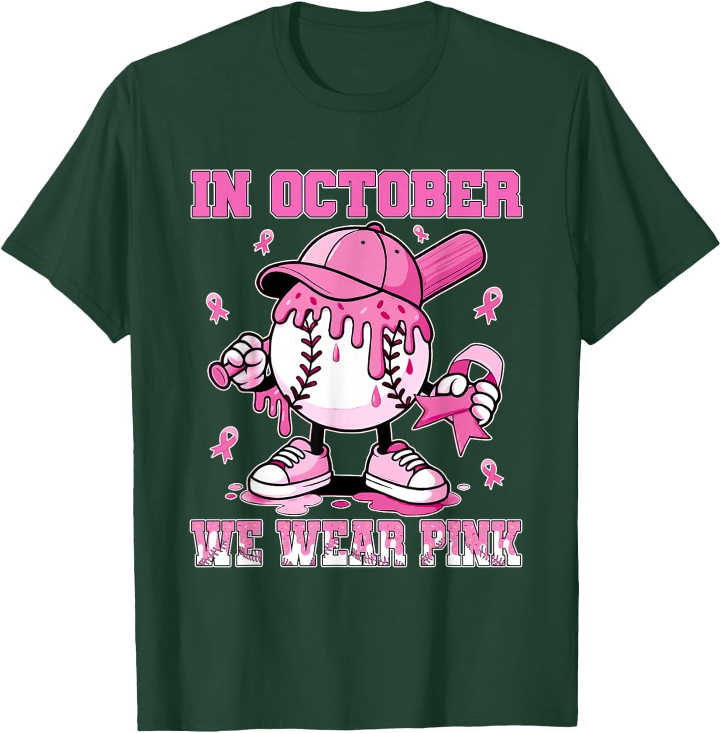 in October We Wear Pink Baseball Drip Breast Cancer T-Shirt - T-Shirt | Forest