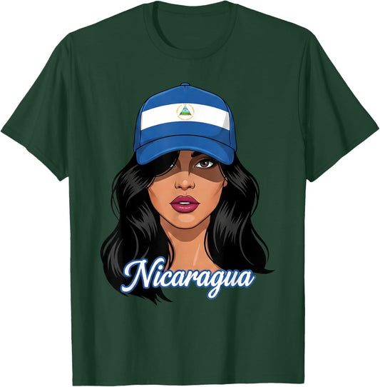 Nicaraguan Woman Girl Wearing Nicaragua Flag Baseball Cap T-Shirt - T-Shirt | Forest
