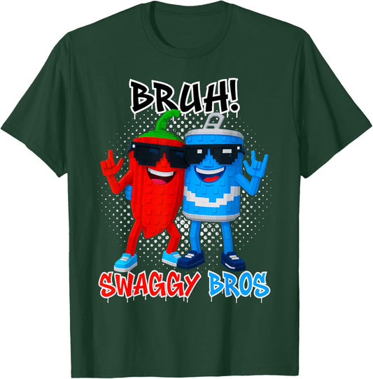 Bruh Swaggy Bros Funny Brainrot Gaming for Kids Teens T-Shirt - T-Shirt | Forest