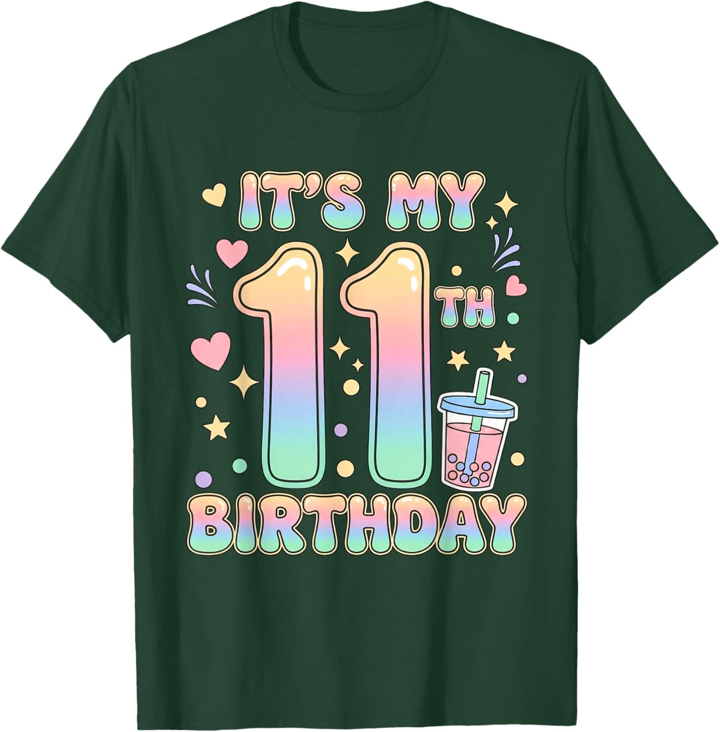 It's My 11th Birthday Bubble Boba Tea Party 11 Year Old Girl T-Shirt - T-Shirt | Forest