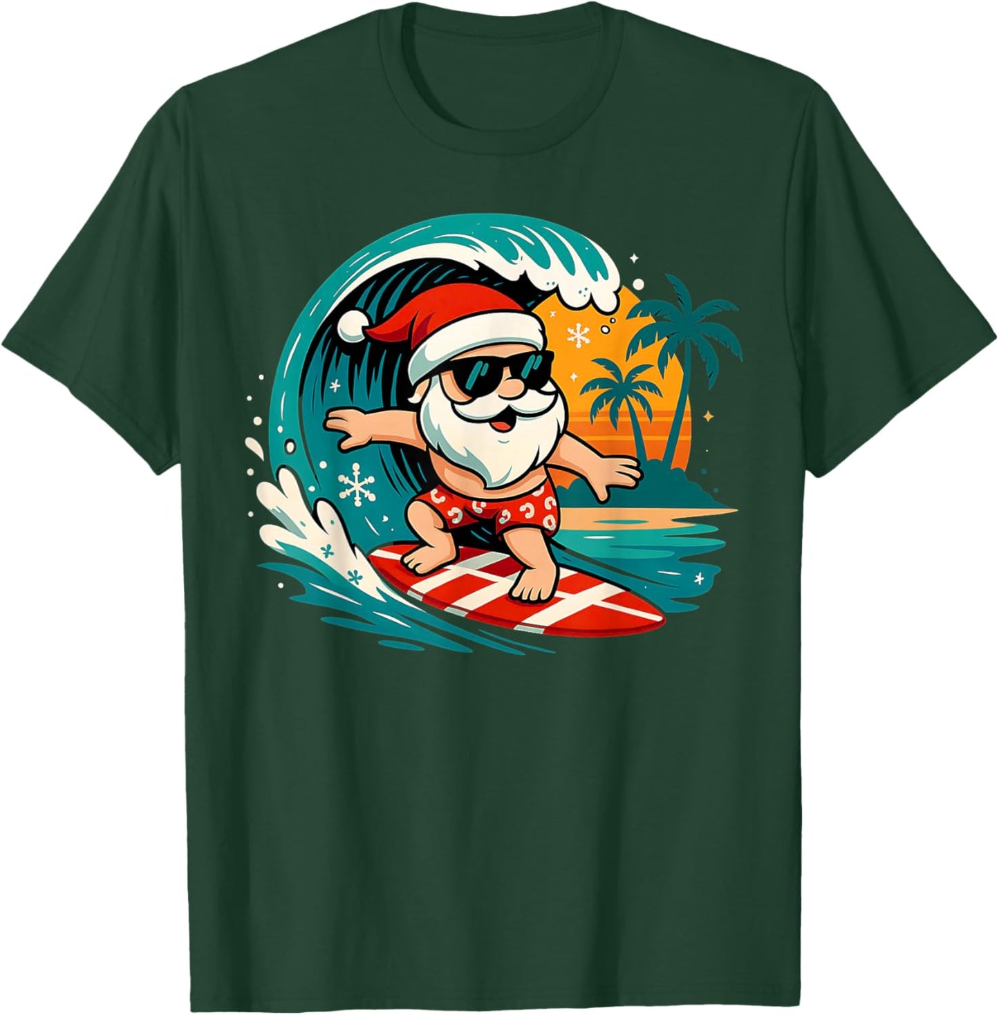 Santa Surfing Hawaiian Beach Christmas in July Tropical Xmas T-Shirt - T-Shirt | Forest