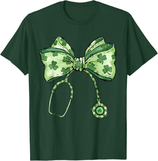 Saint Patrick's Day Nurse Shamrock Bow Stethoscope Women T-Shirt - T-Shirt | Forest