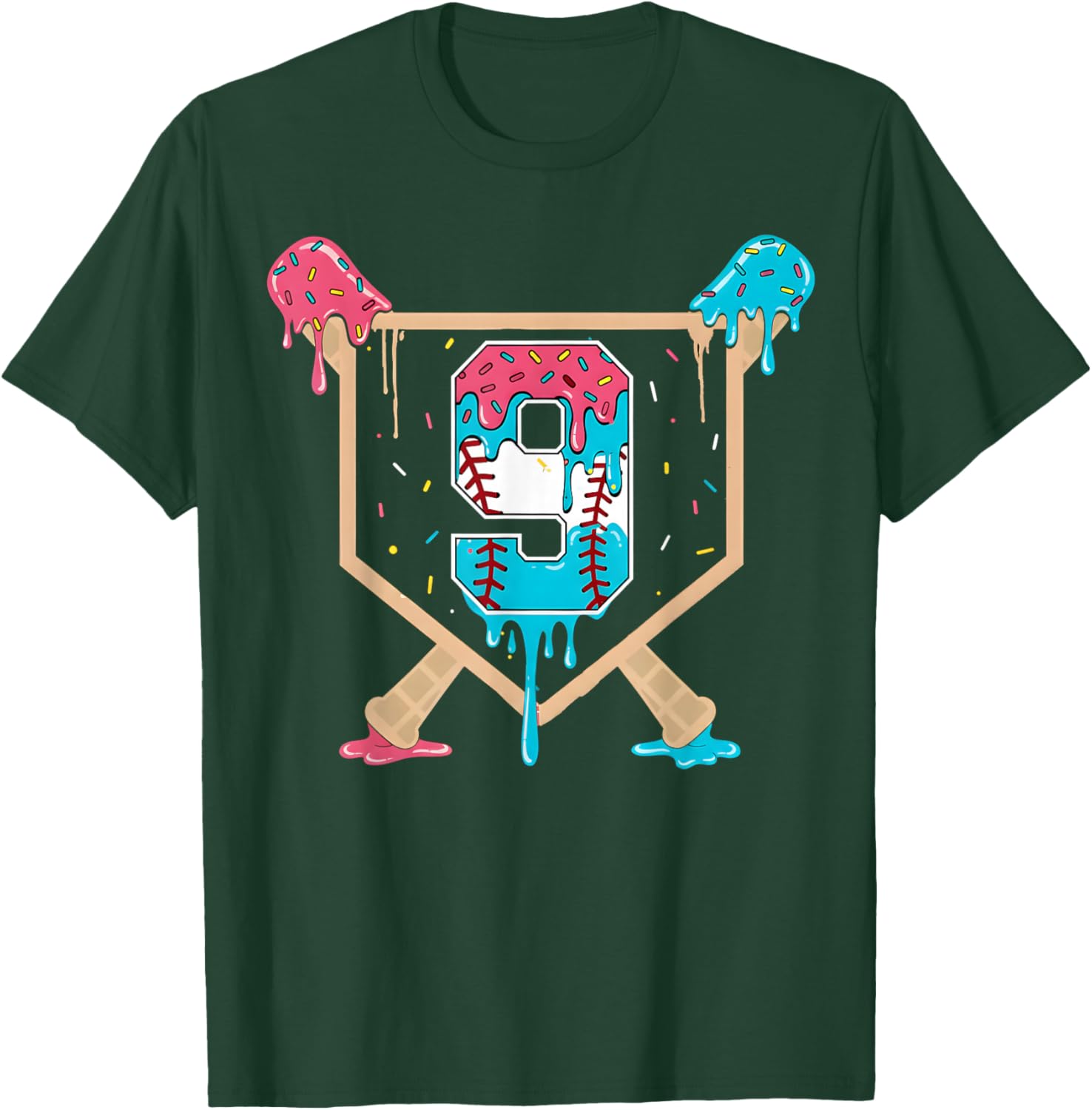 Baseball 9 Year Old Ice Cream Drip 9th Birthday Boys Player T-Shirt - T-Shirt | Forest