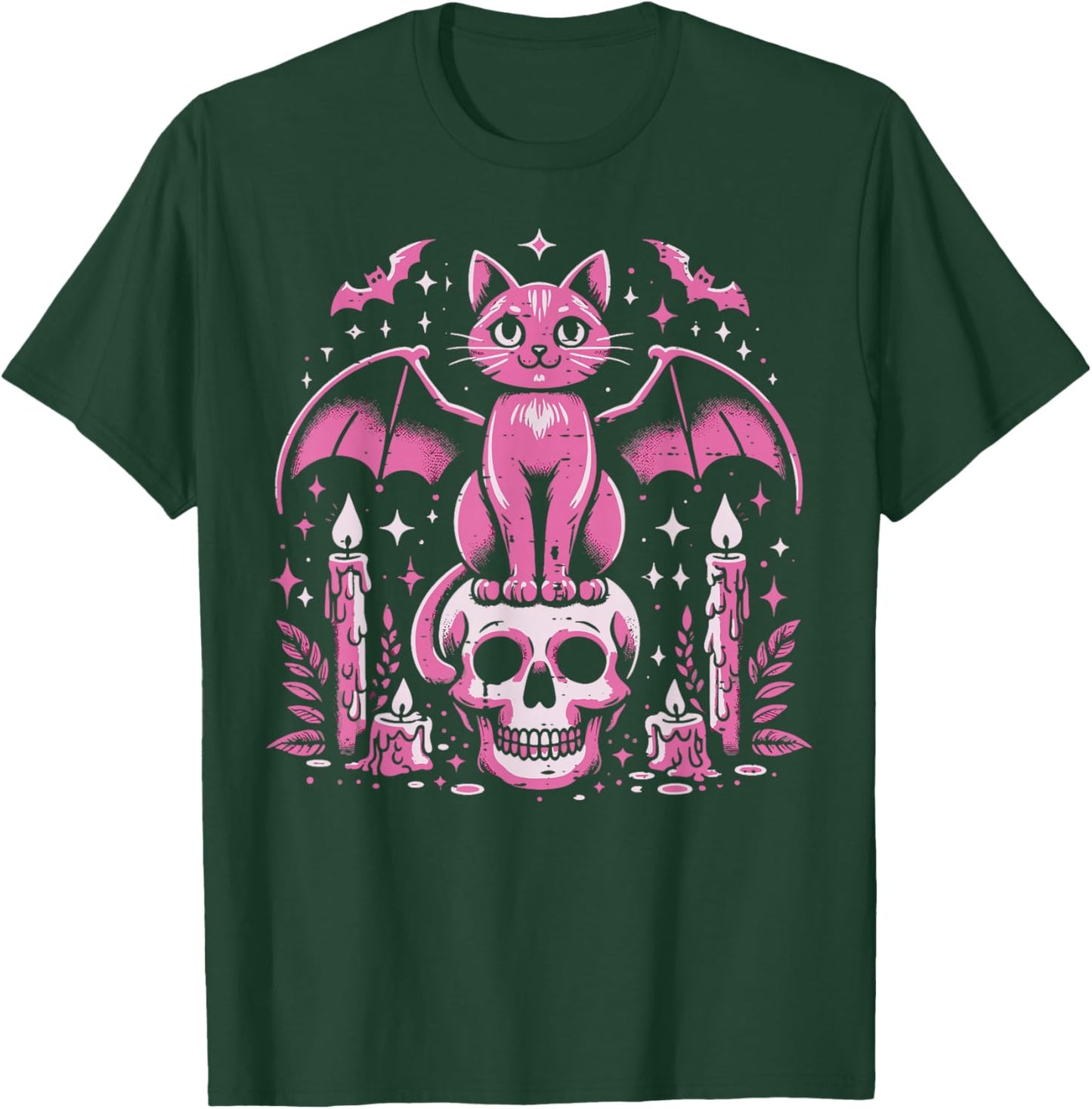 Cat Bat On Skull Halloween Costume Goth Women Girls Kids T-Shirt - T-Shirt | Forest