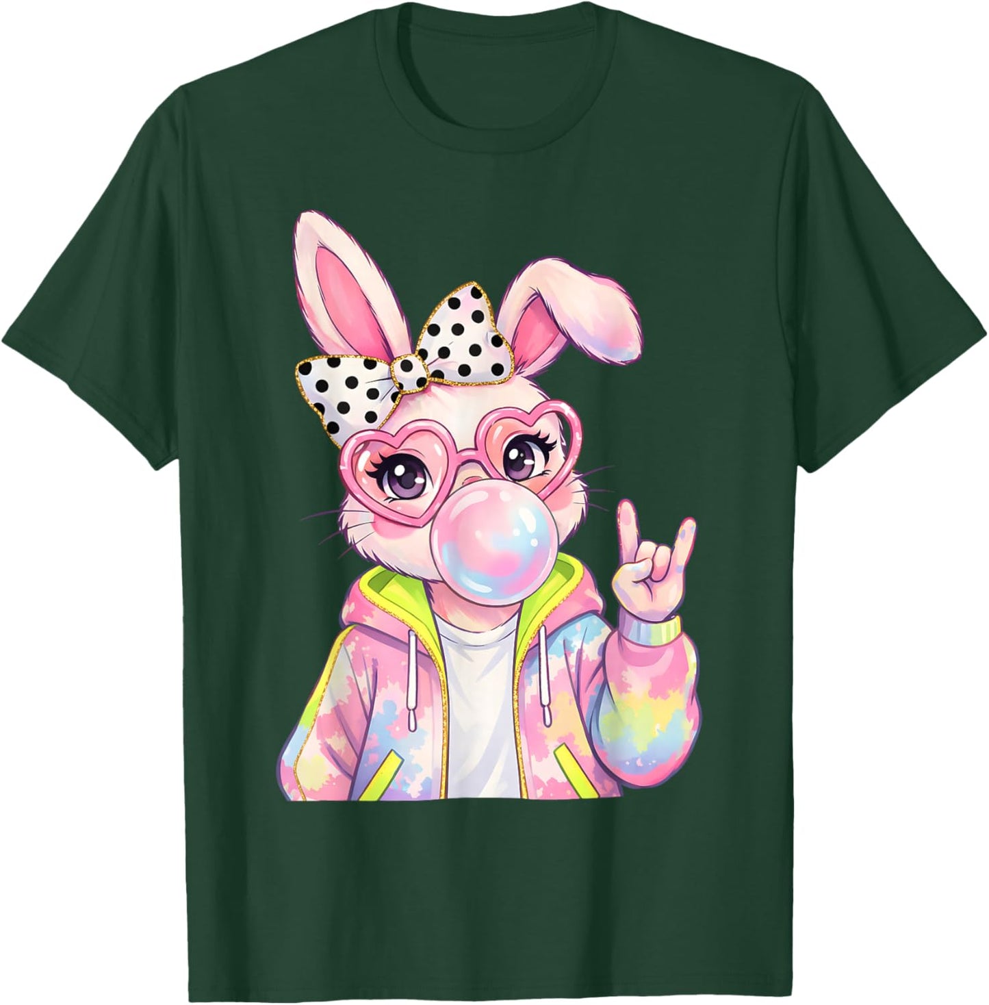 Bunny Face with Tie Dye Glasses Happy Easter Day Girl Women T-Shirt - T-Shirt | Forest
