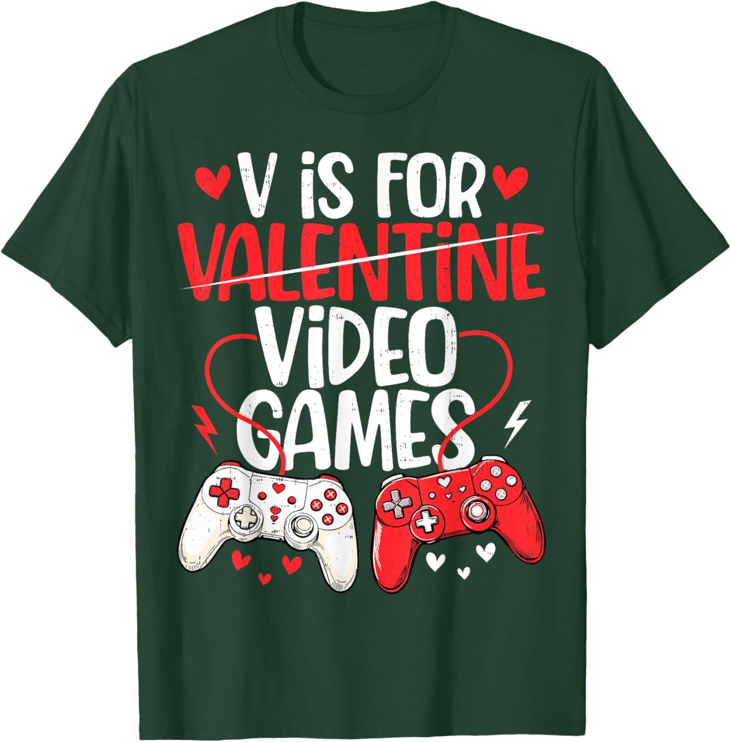 V is for Video Games Funny Valentines Gamer Boy Men Kids T-Shirt - T-Shirt | Forest