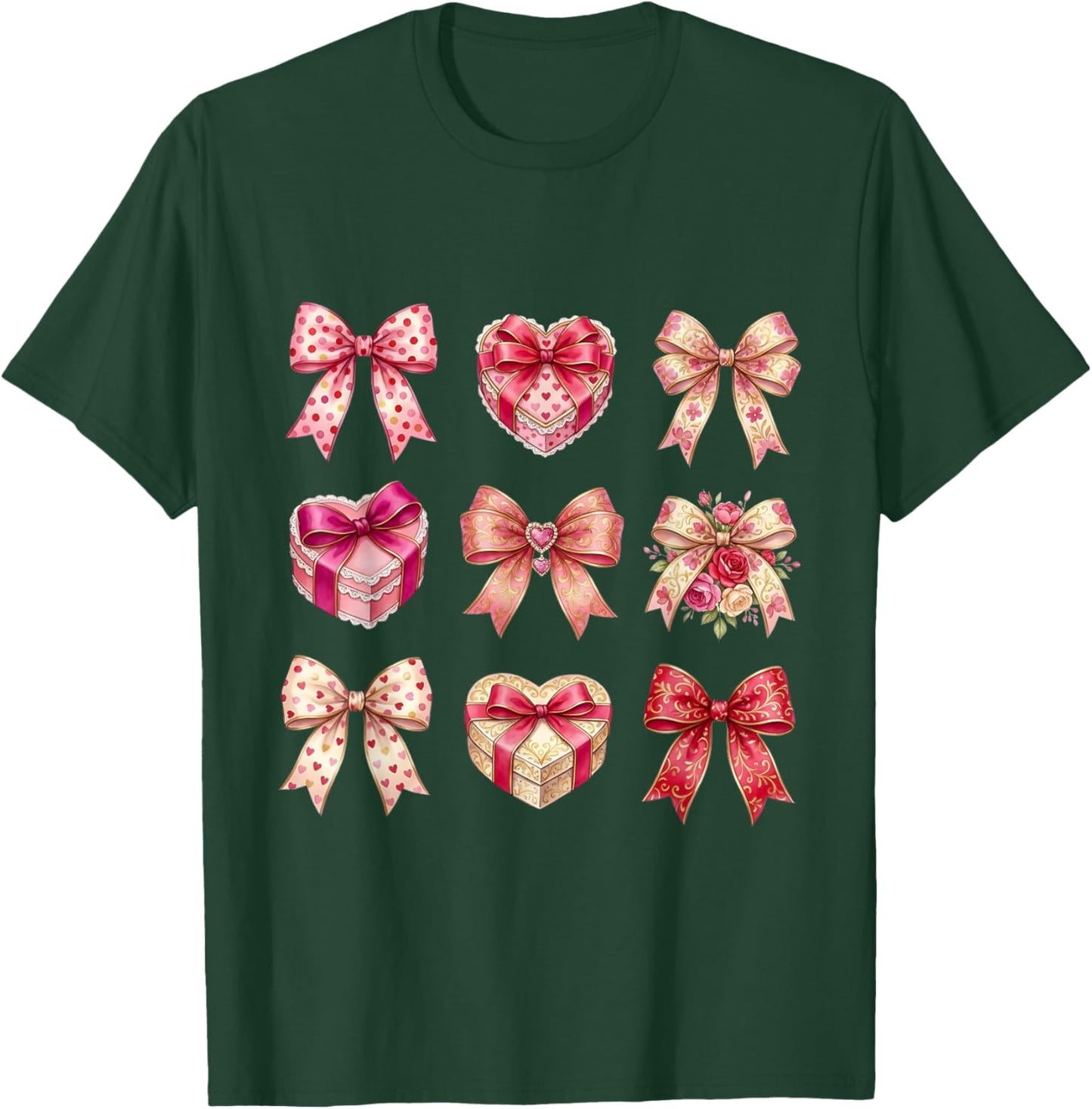 Valentines Day Hearts Coquette Bow Women Girls Boys T-Shirt - T-Shirt | Forest