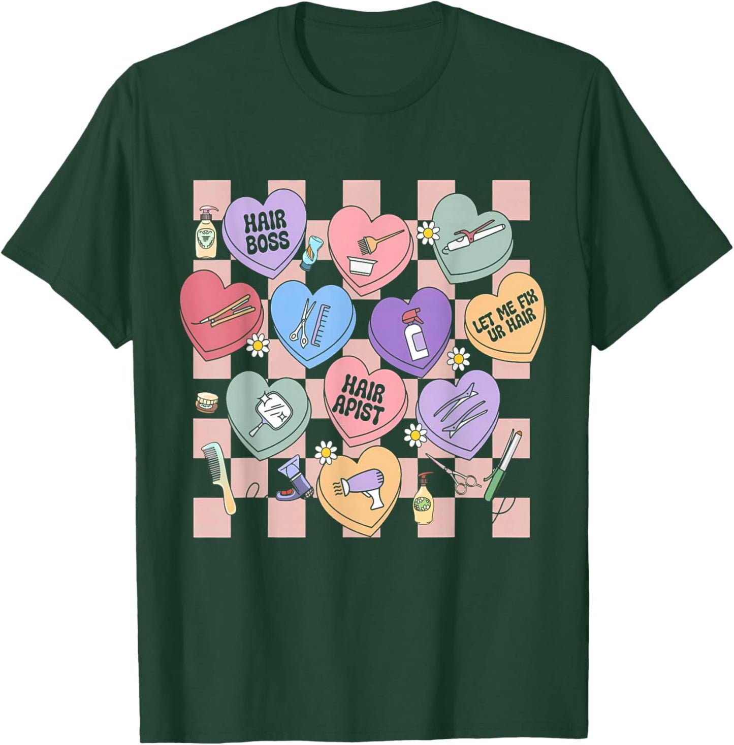 Checkered Hairstylist Heart Candy Valentines Hairdresser T-Shirt - T-Shirt | Forest