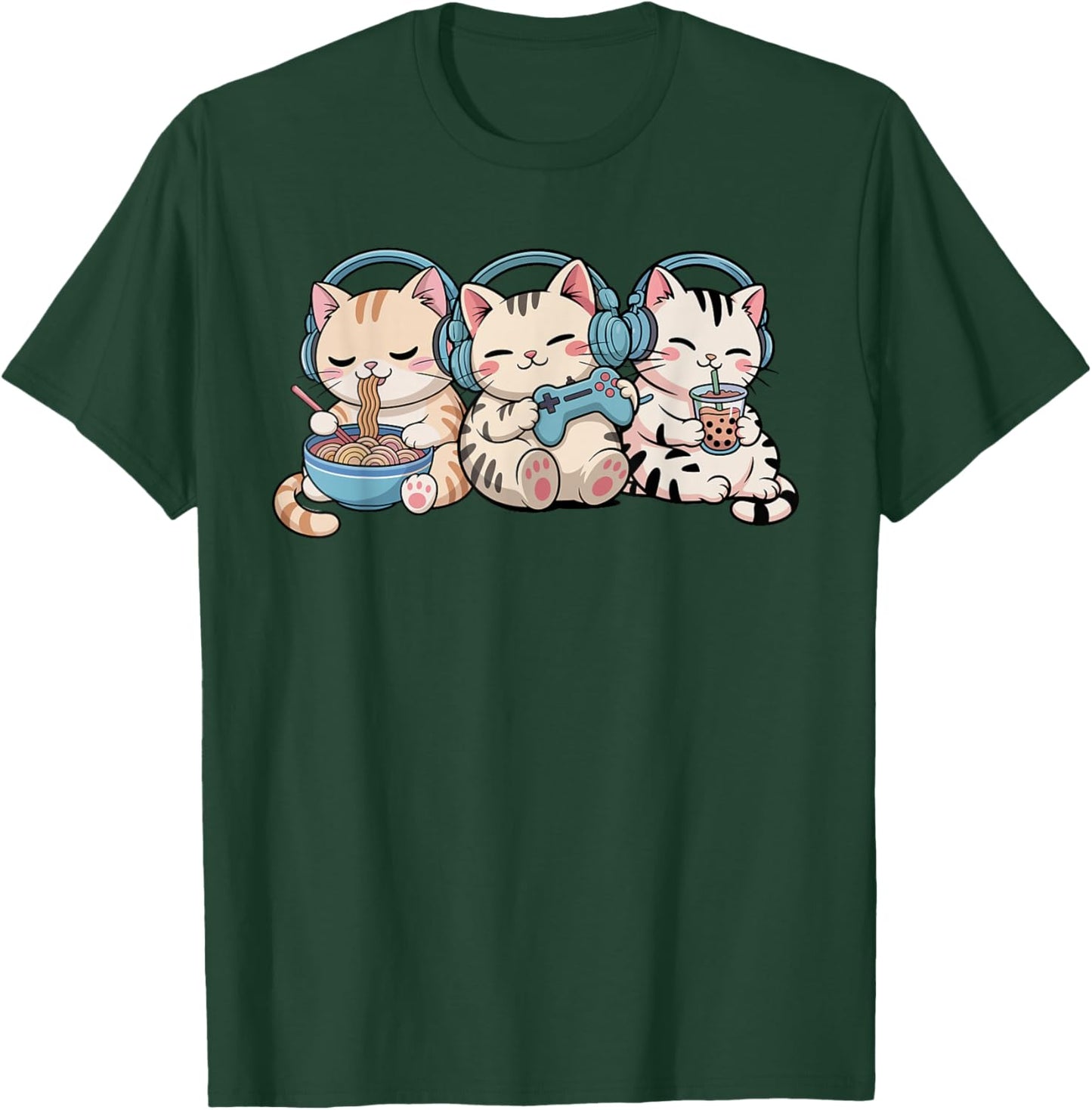 Anime Gaming Kawaii Cat Boba Tea Ramen Funny Gamer Cats T-Shirt - T-Shirt | Forest