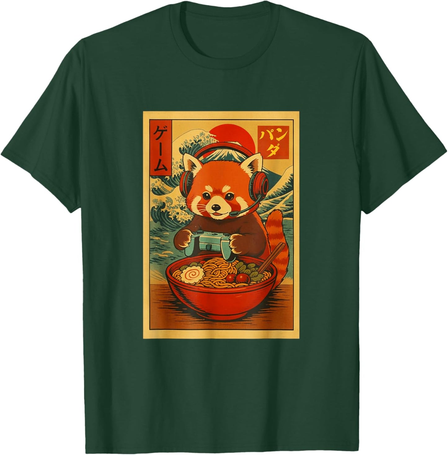 Red Panda Gaming Ramen Japanese Ukiyo-e Great Wave Retro Art T-Shirt - T-Shirt | Forest