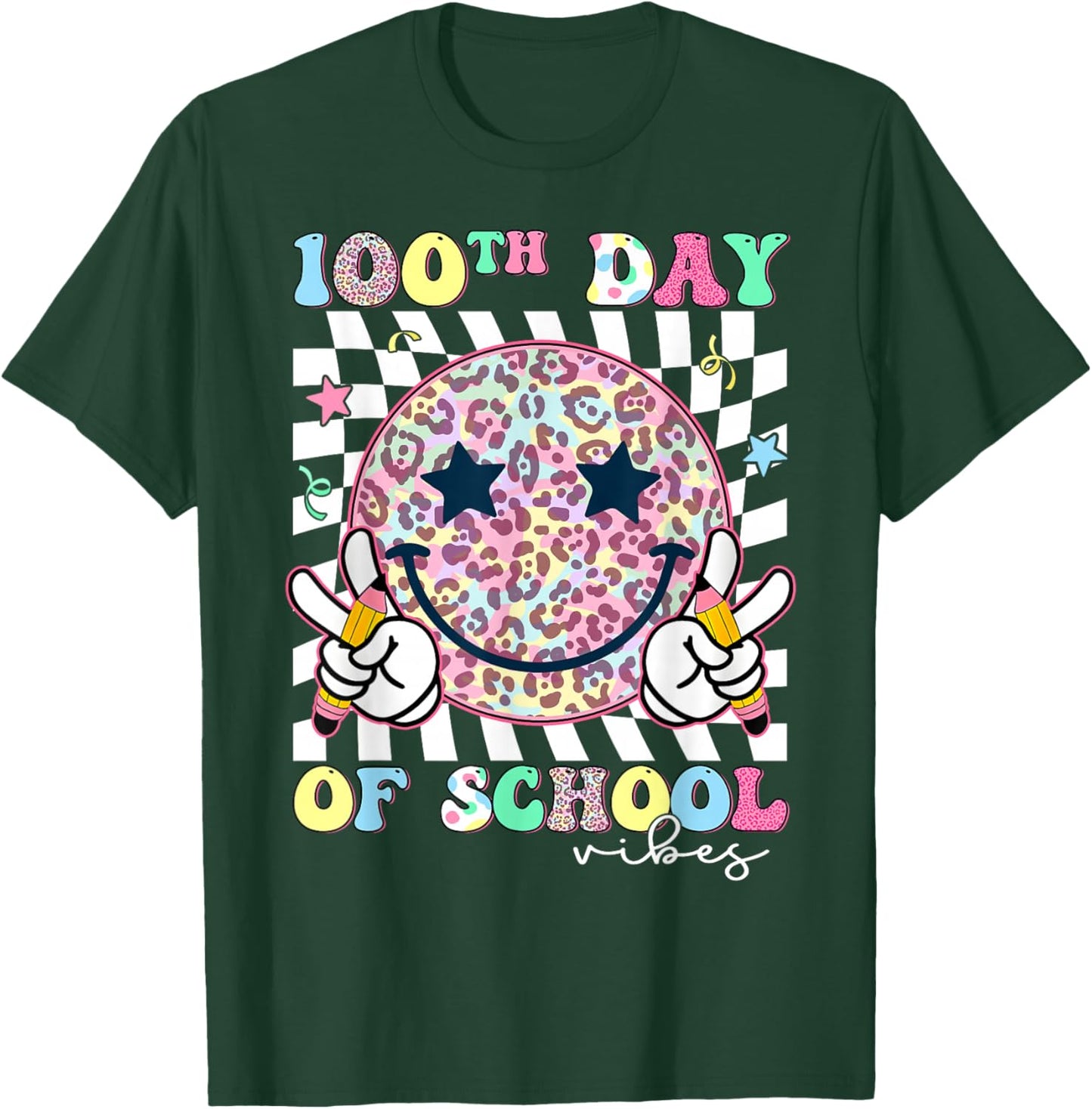 Leopard Smile Face 100th Day of School Vibes Teacher Kid T-Shirt - T-Shirt | Forest