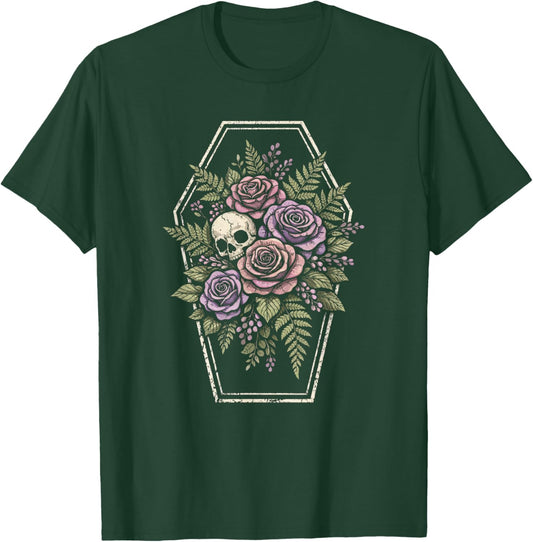 Skull Goth Flower Floral Coffin Grunge Dark Alt Aesthetic T-Shirt - T-Shirt | Forest