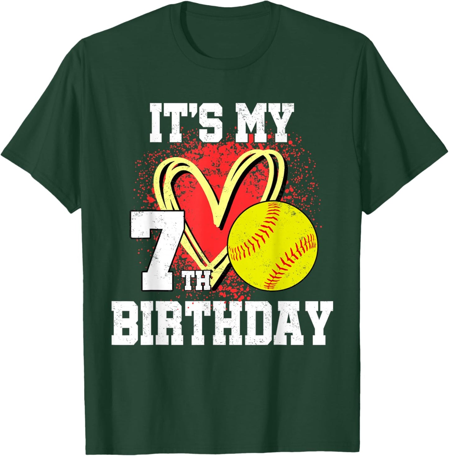 It's My 7th Birthday Softball 7 Year Old Heart Love T-Shirt - T-Shirt | Forest