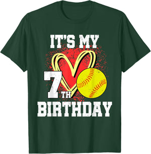 It's My 7th Birthday Softball 7 Year Old Heart Love T-Shirt - T-Shirt | Forest