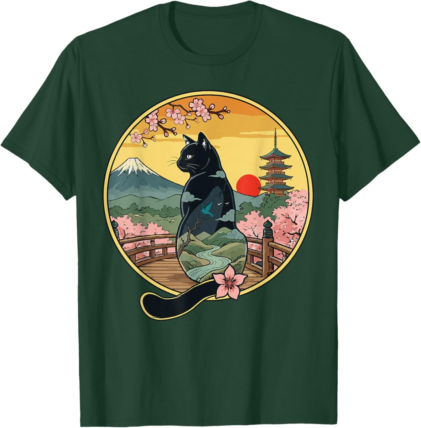 Japanese Cat Art Sakura Fuji Men Women Kids Funny Cat T-Shirt - T-Shirt | Forest