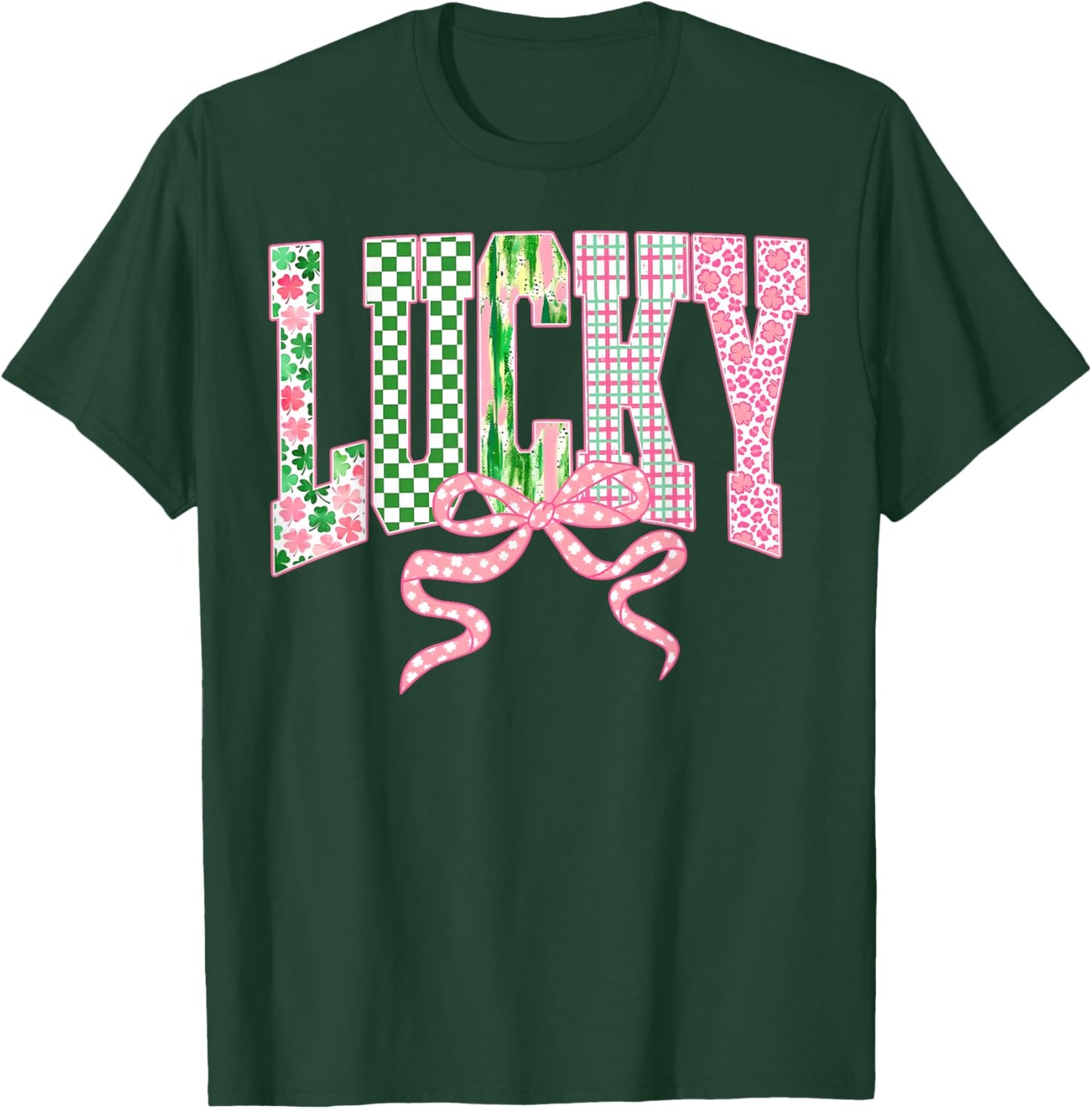 Retro Lucky Patricks Day Coquette Bow Shamrock Women Girls T-Shirt - T-Shirt | Forest