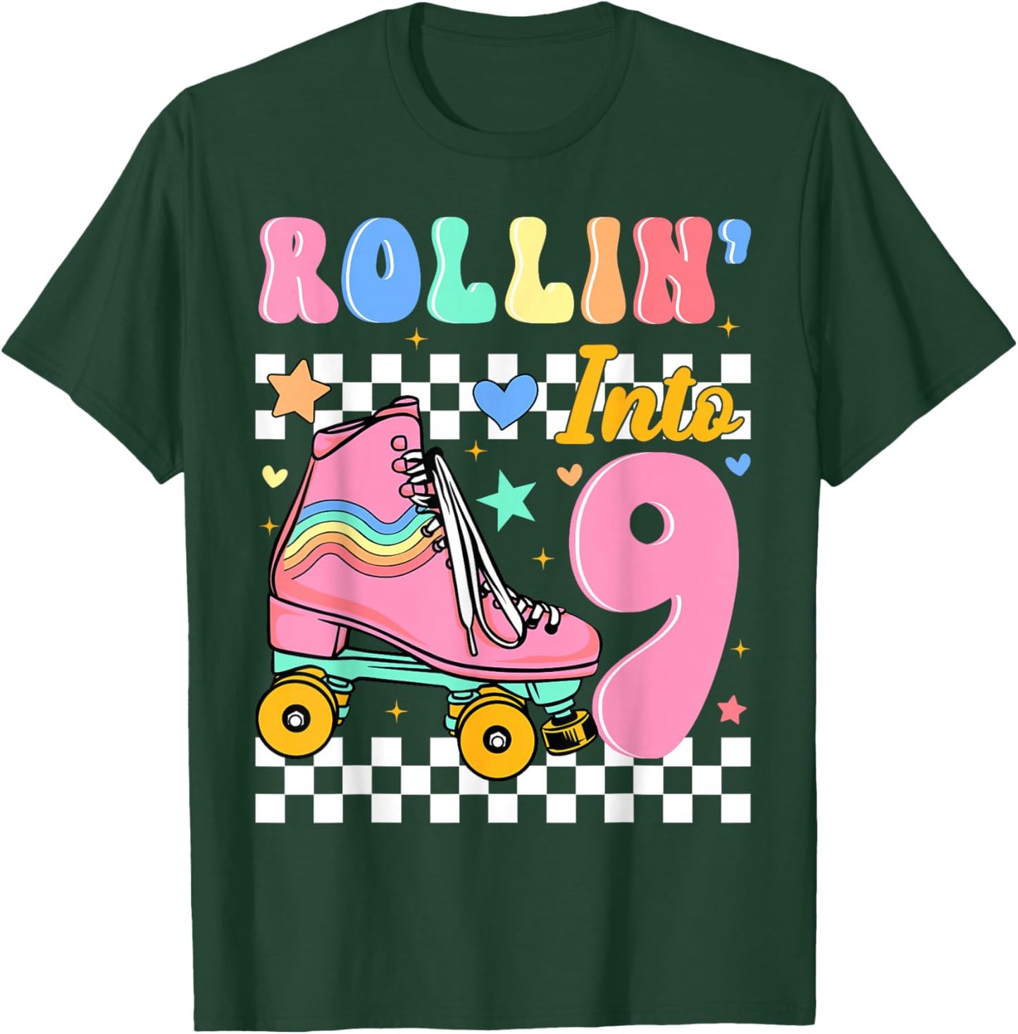 Rollin' Into 9 Years Old Roller Skating Girl 9th Birthday T-Shirt - T-Shirt | Forest