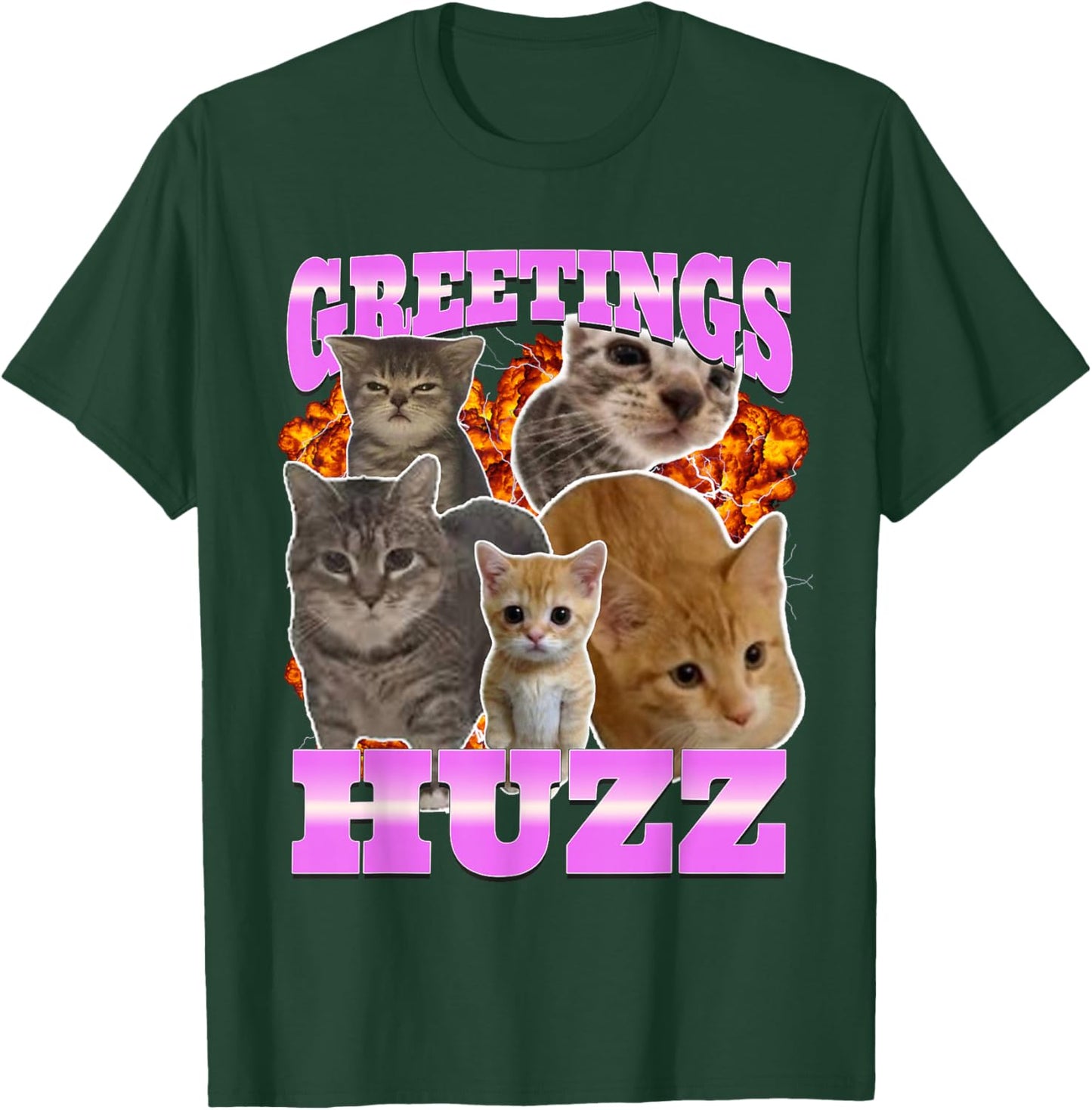 Greetings Huzz Cat Meme Funny Bootleg Graphic T-Shirt - T-Shirt | Forest